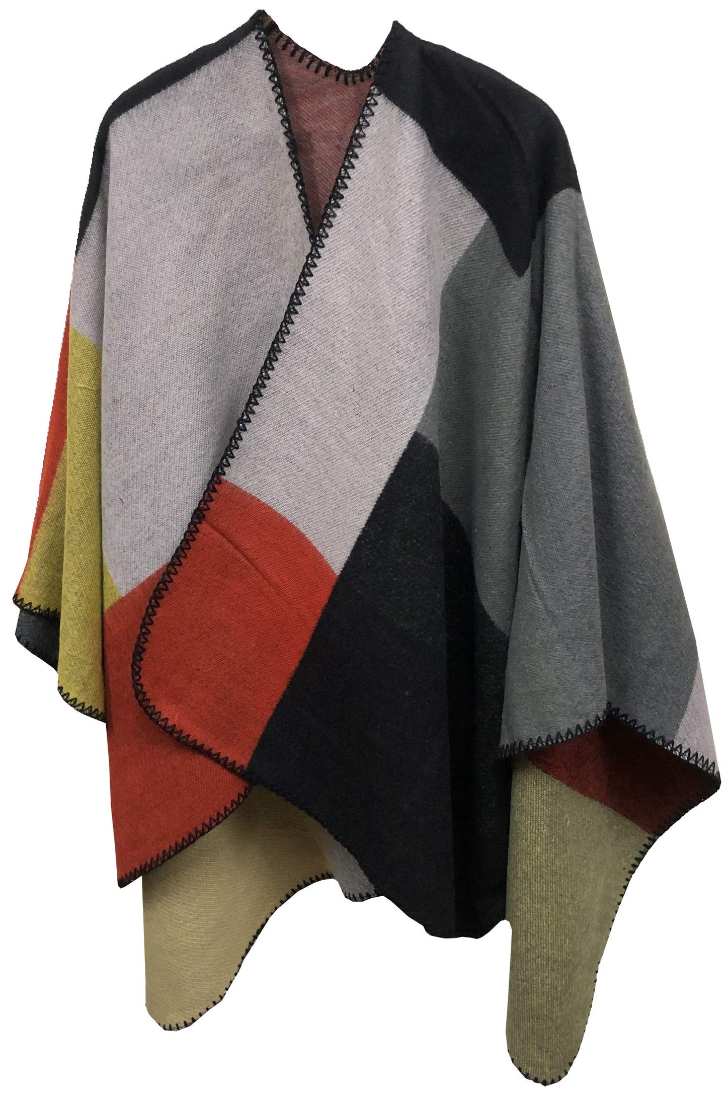 World of Shawls Reversible Knitted Oversized Poncho Scarf Wrap Cape for Women Ladies with Block Print Abstract Design Open Front Cardigan