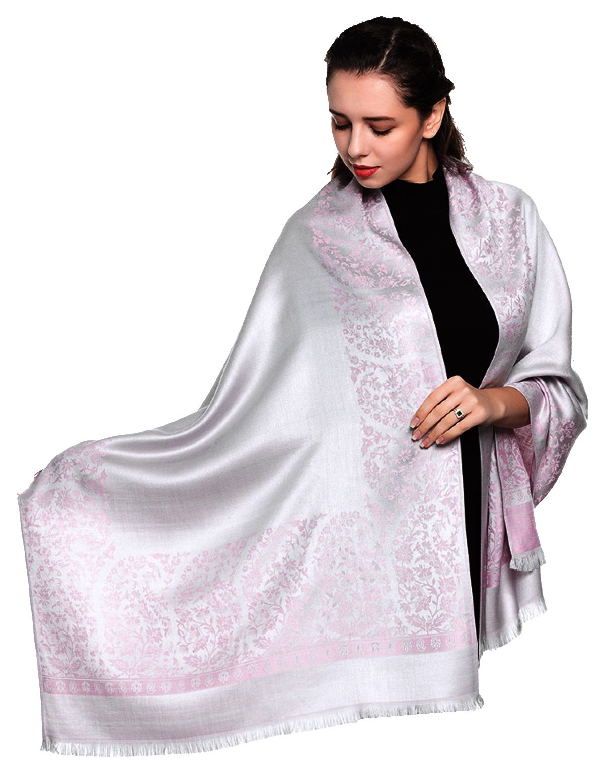 World of Shawls Ladies Floral Paisley Bordered Pashmina Feel Shawl Scarf Wrap Stole Luxuriously Warm Soft and Silky Touch
