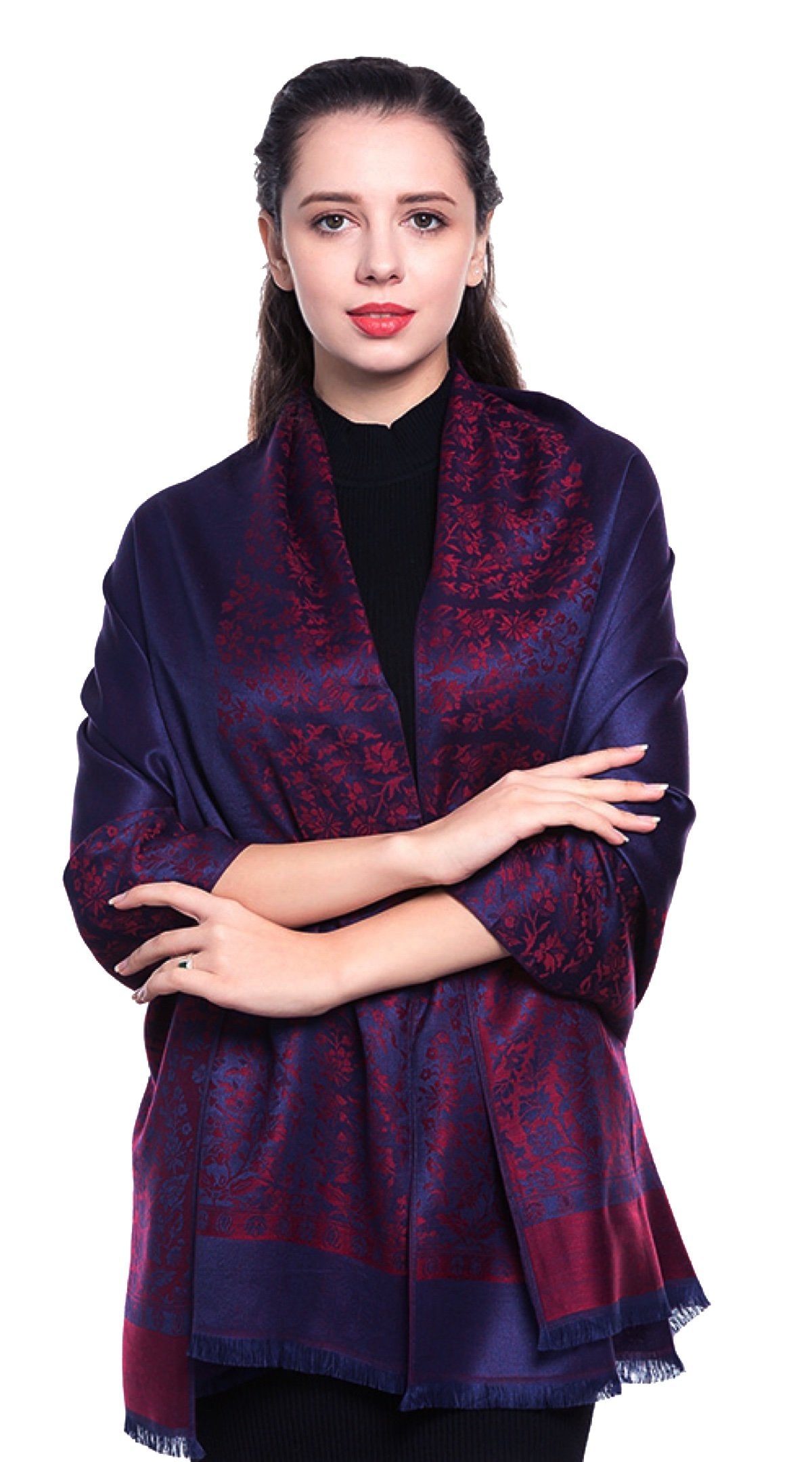 World of Shawls Ladies Floral Paisley Bordered Pashmina Feel Shawl Scarf Wrap Stole Luxuriously Warm Soft and Silky Touch