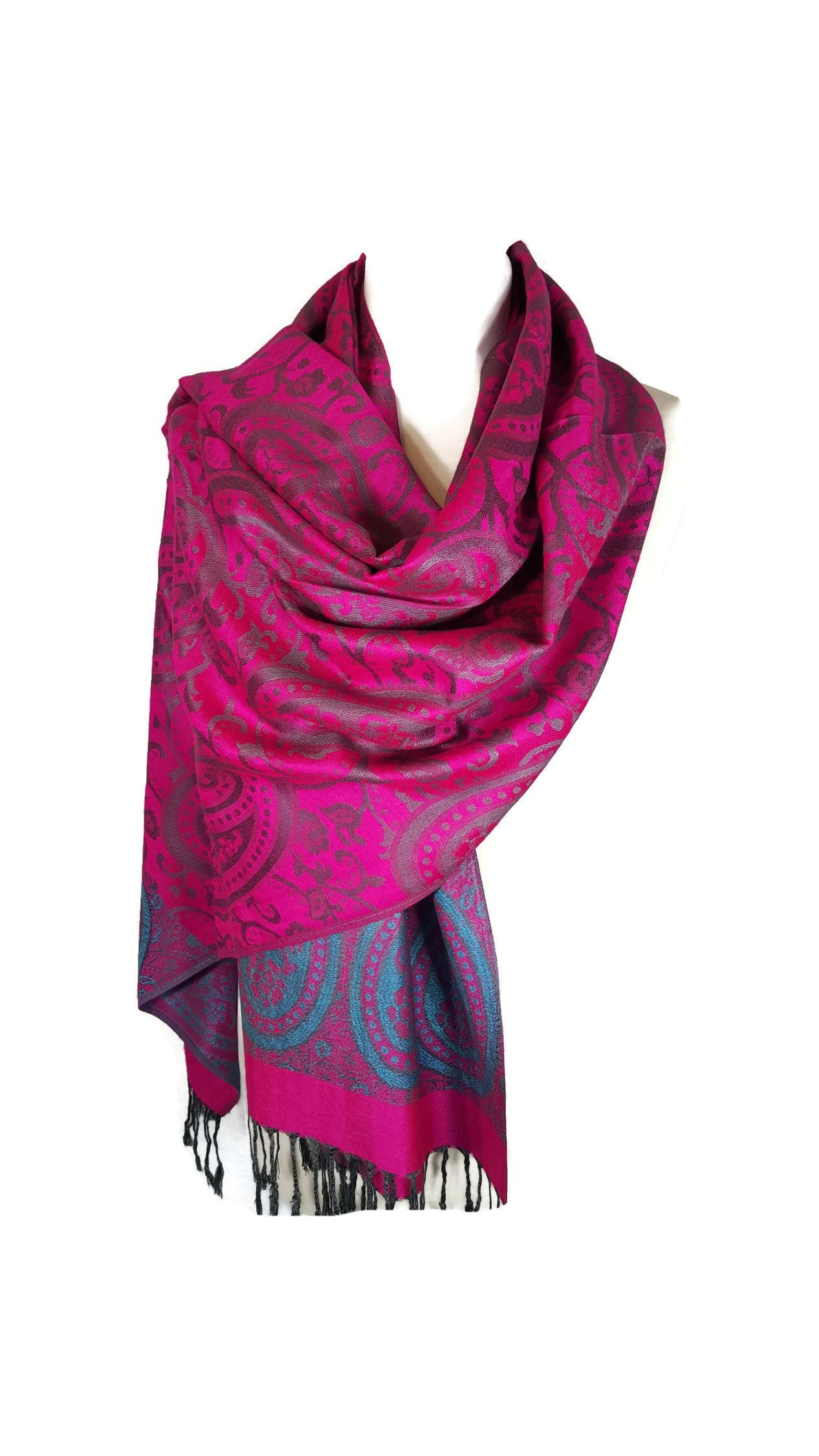 World of Shawls Ladies Floral Paisley Bordered Pashmina Feel Shawl Scarf Wrap Stole Luxuriously Warm Soft and Silky Touch