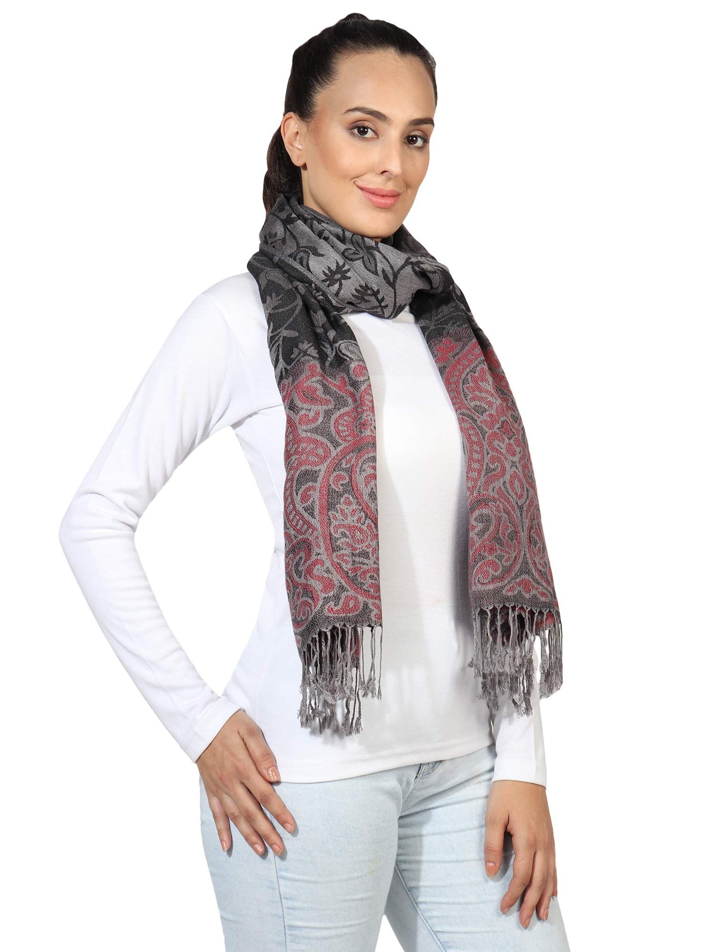 World of Shawls Ladies Floral Paisley Bordered Pashmina Feel Shawl Scarf Wrap Stole Luxuriously Warm Soft and Silky Touch