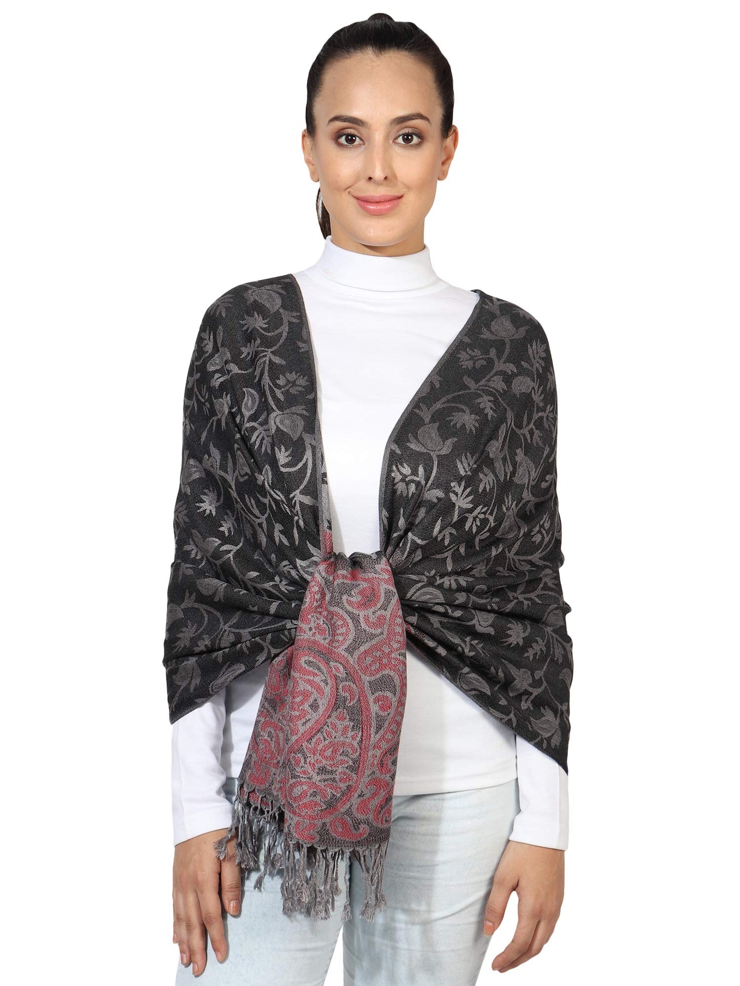 World of Shawls Ladies Floral Paisley Bordered Pashmina Feel Shawl Scarf Wrap Stole Luxuriously Warm Soft and Silky Touch