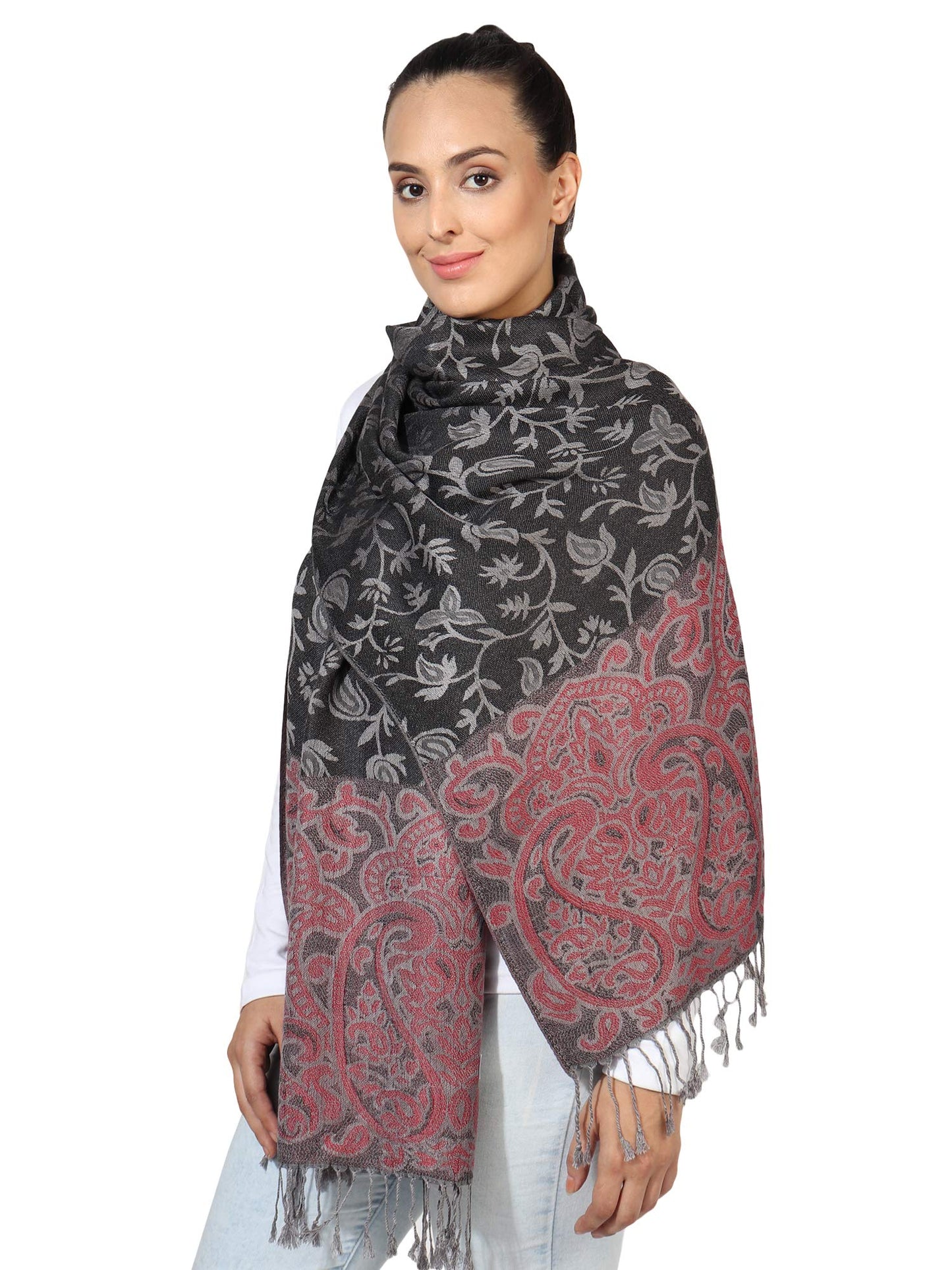 World of Shawls Ladies Floral Paisley Bordered Pashmina Feel Shawl Scarf Wrap Stole Luxuriously Warm Soft and Silky Touch