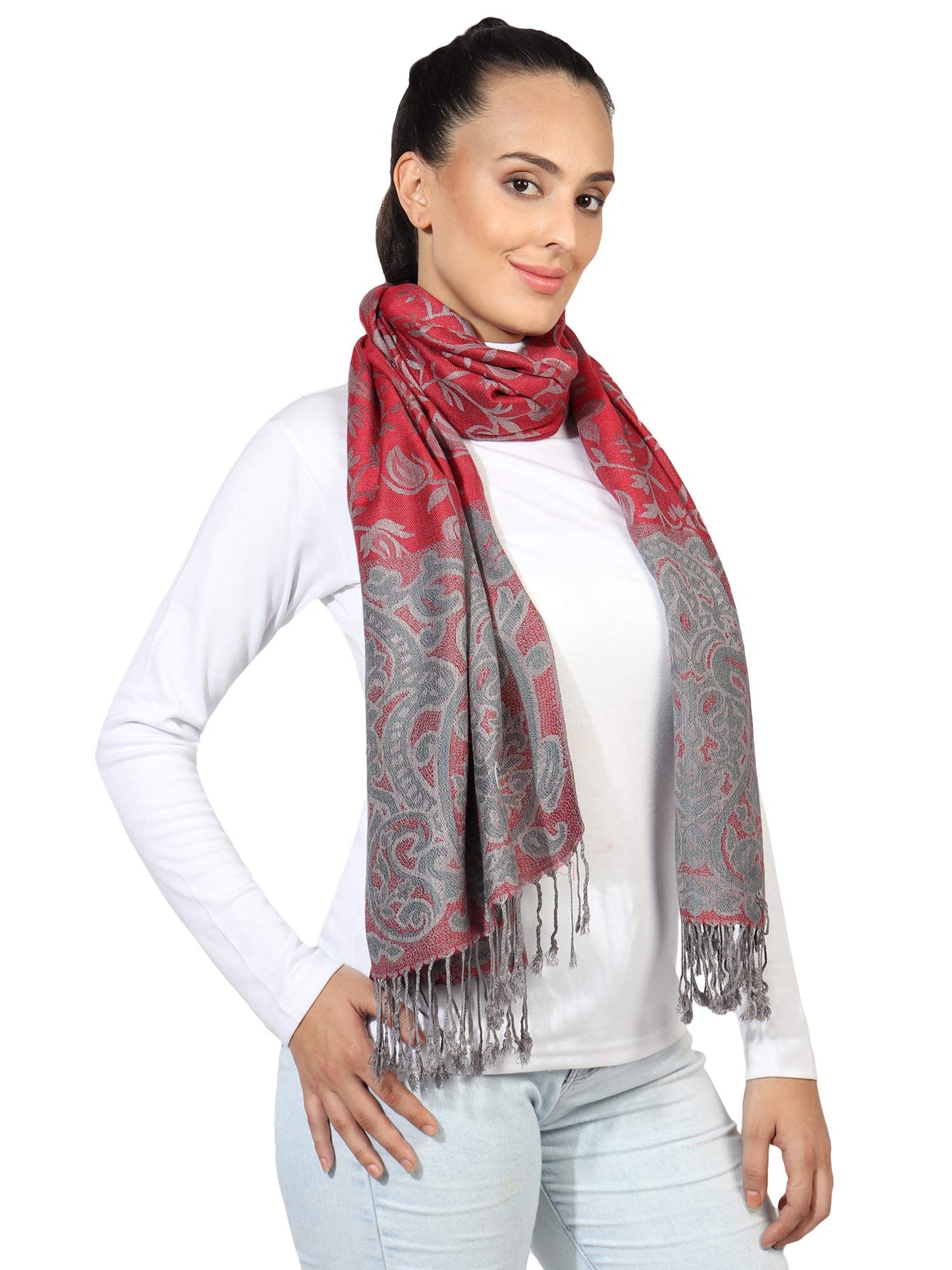 World of Shawls Ladies Floral Paisley Bordered Pashmina Feel Shawl Scarf Wrap Stole Luxuriously Warm Soft and Silky Touch