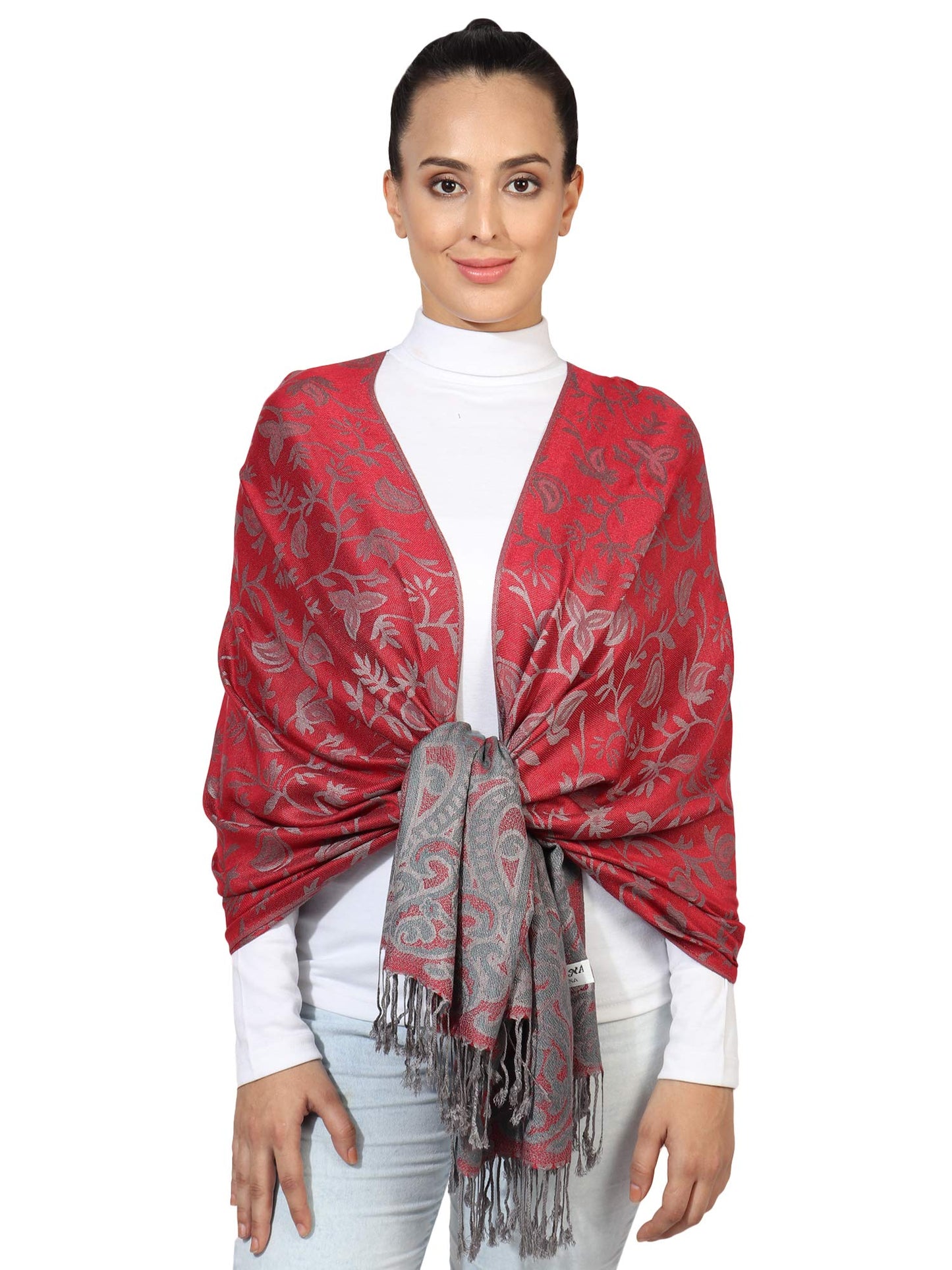 World of Shawls Ladies Floral Paisley Bordered Pashmina Feel Shawl Scarf Wrap Stole Luxuriously Warm Soft and Silky Touch