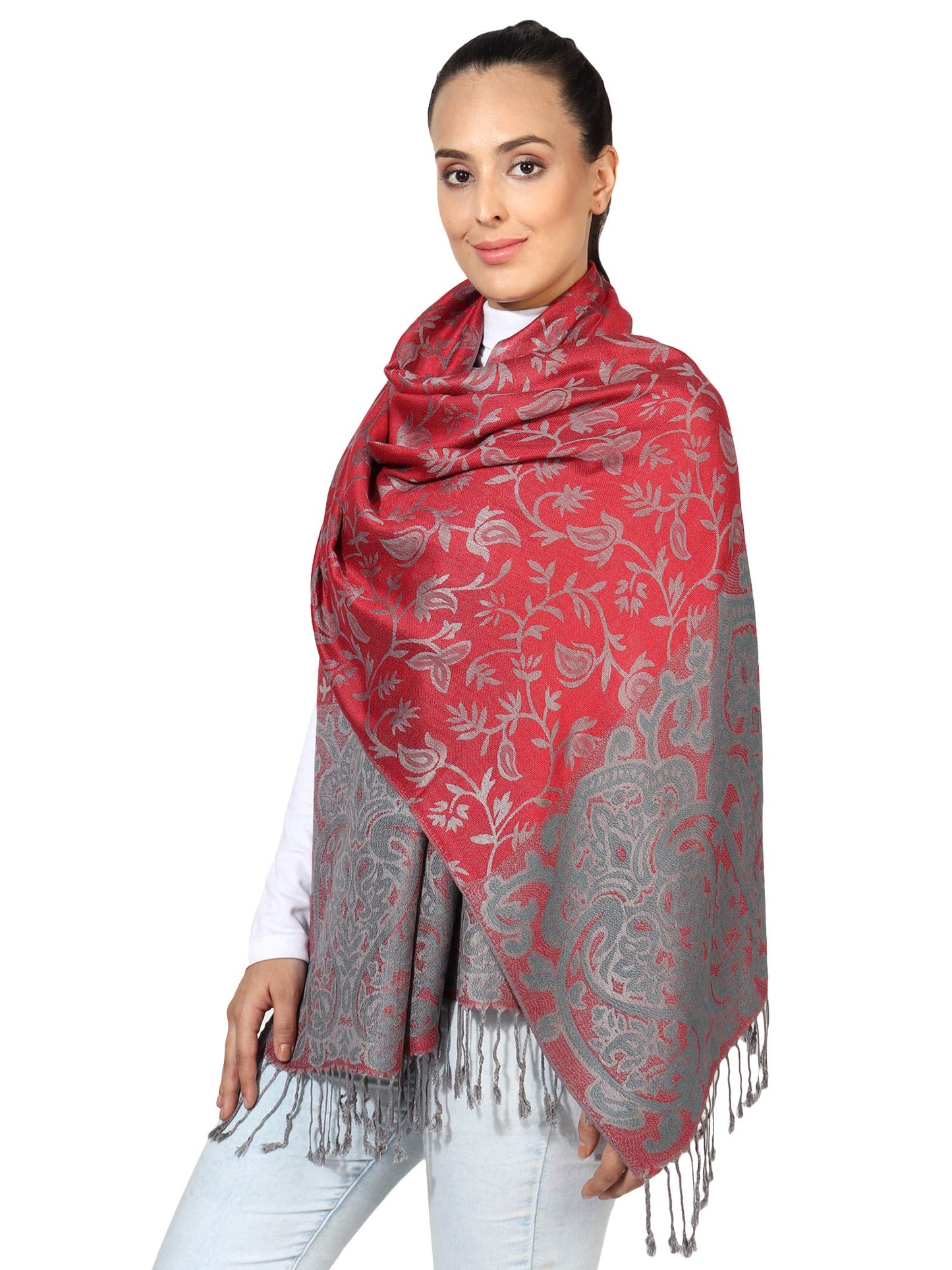 World of Shawls Ladies Floral Paisley Bordered Pashmina Feel Shawl Scarf Wrap Stole Luxuriously Warm Soft and Silky Touch