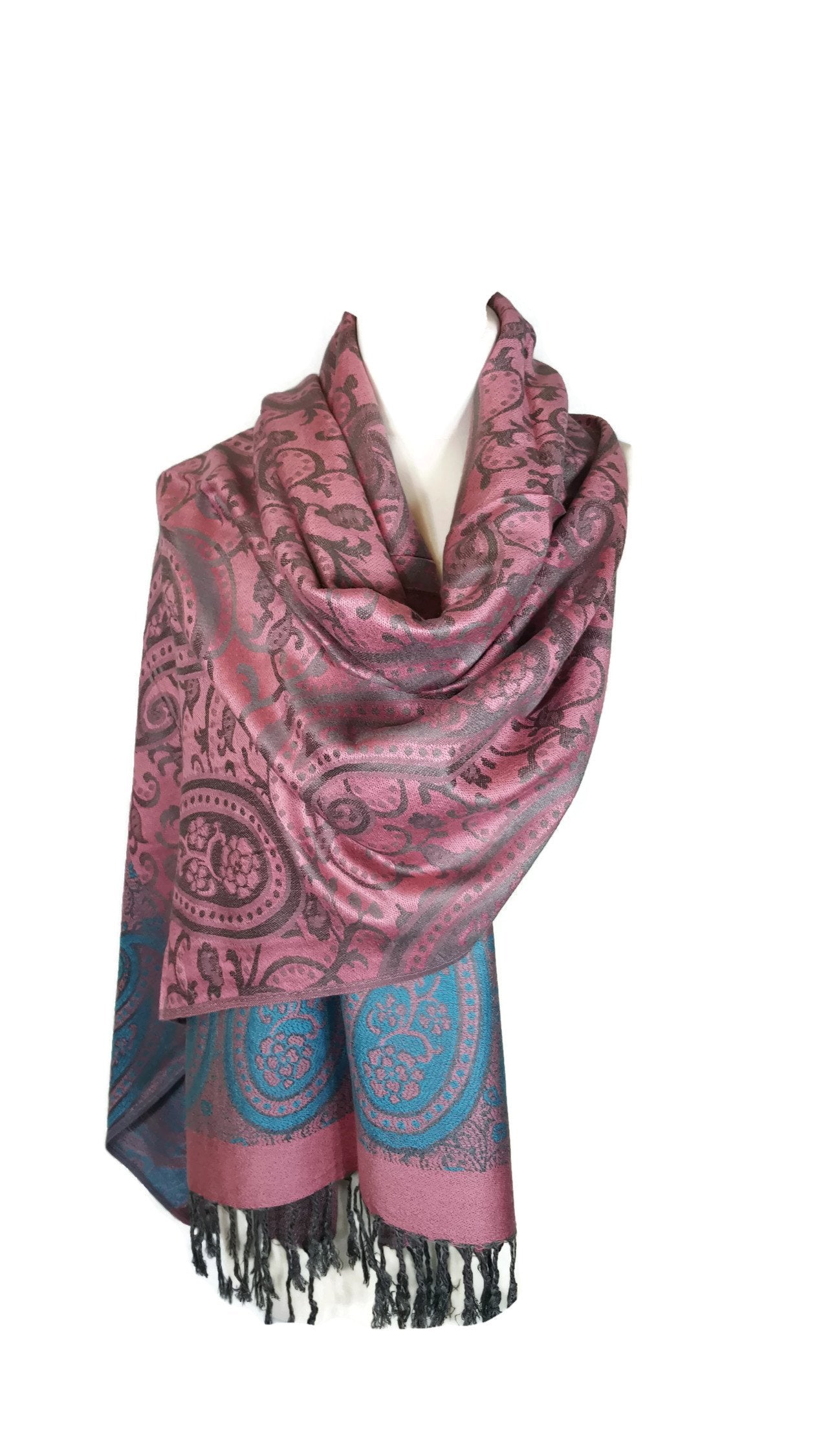 World of Shawls Ladies Floral Paisley Bordered Pashmina Feel Shawl Scarf Wrap Stole Luxuriously Warm Soft and Silky Touch