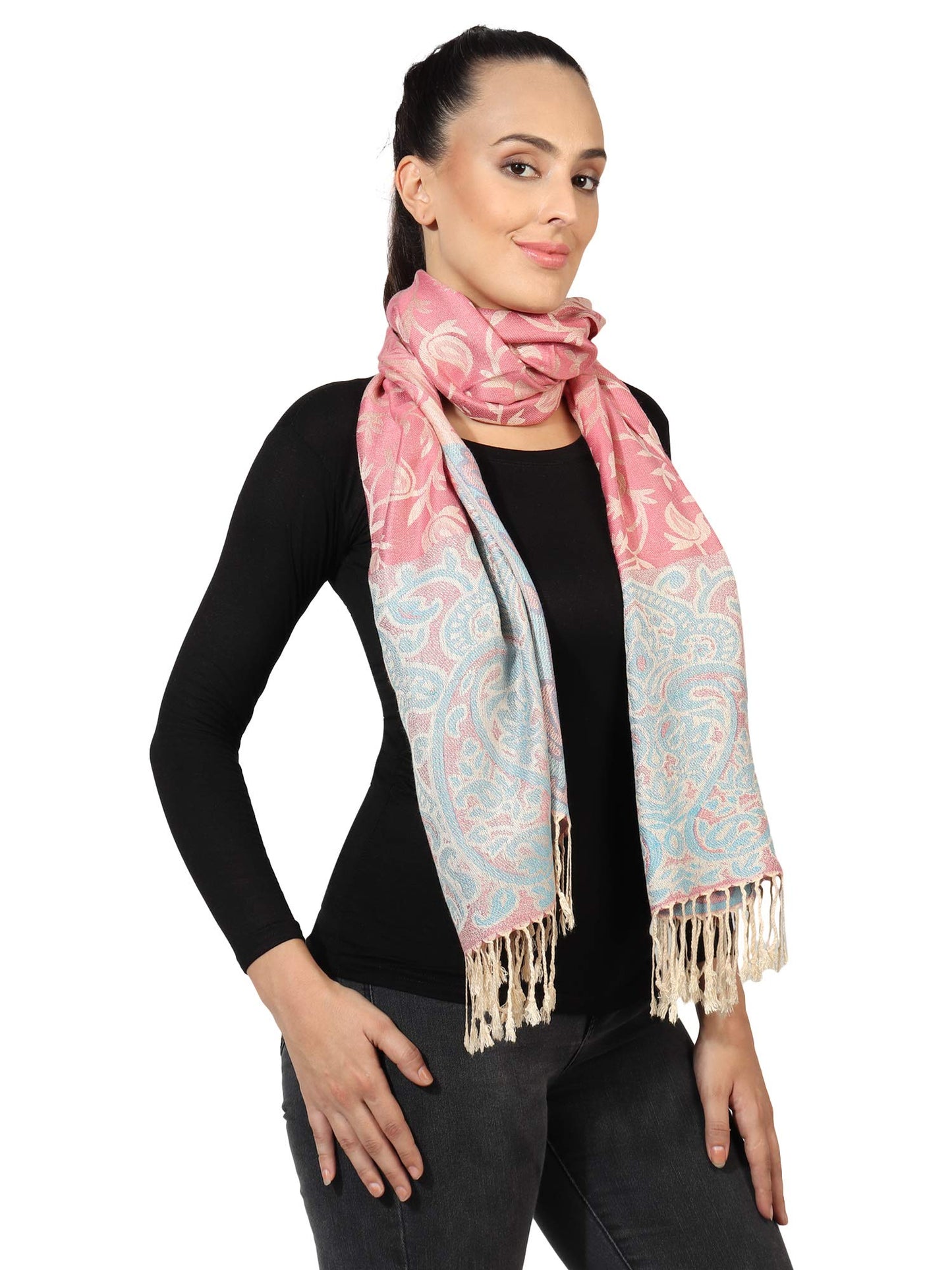 World of Shawls Ladies Floral Paisley Bordered Pashmina Feel Shawl Scarf Wrap Stole Luxuriously Warm Soft and Silky Touch