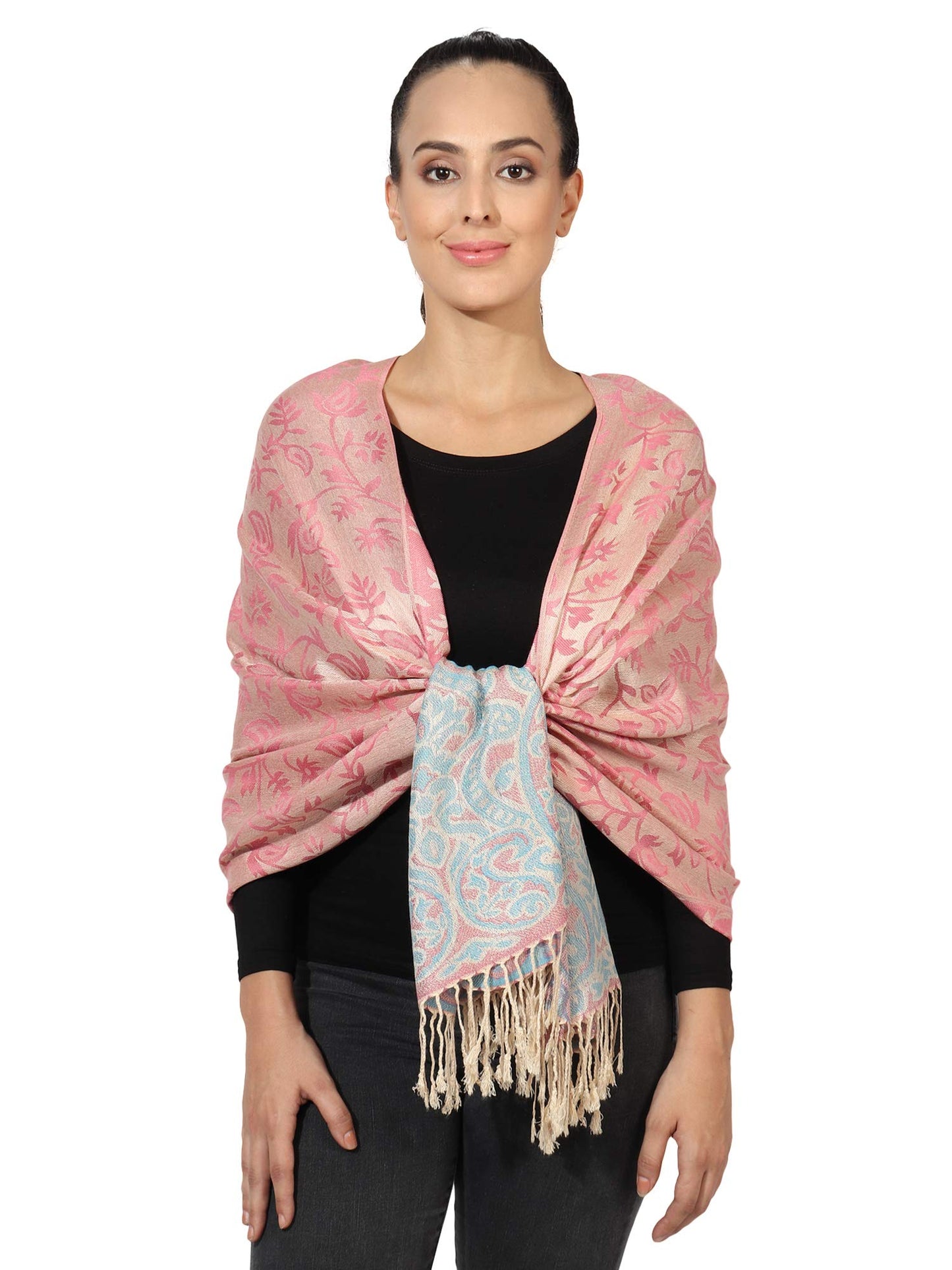 World of Shawls Ladies Floral Paisley Bordered Pashmina Feel Shawl Scarf Wrap Stole Luxuriously Warm Soft and Silky Touch