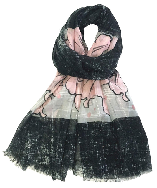 World of Shawls Eye-Catching Floral Border Scarf for Women Ladies with Delicate Sequin Insets