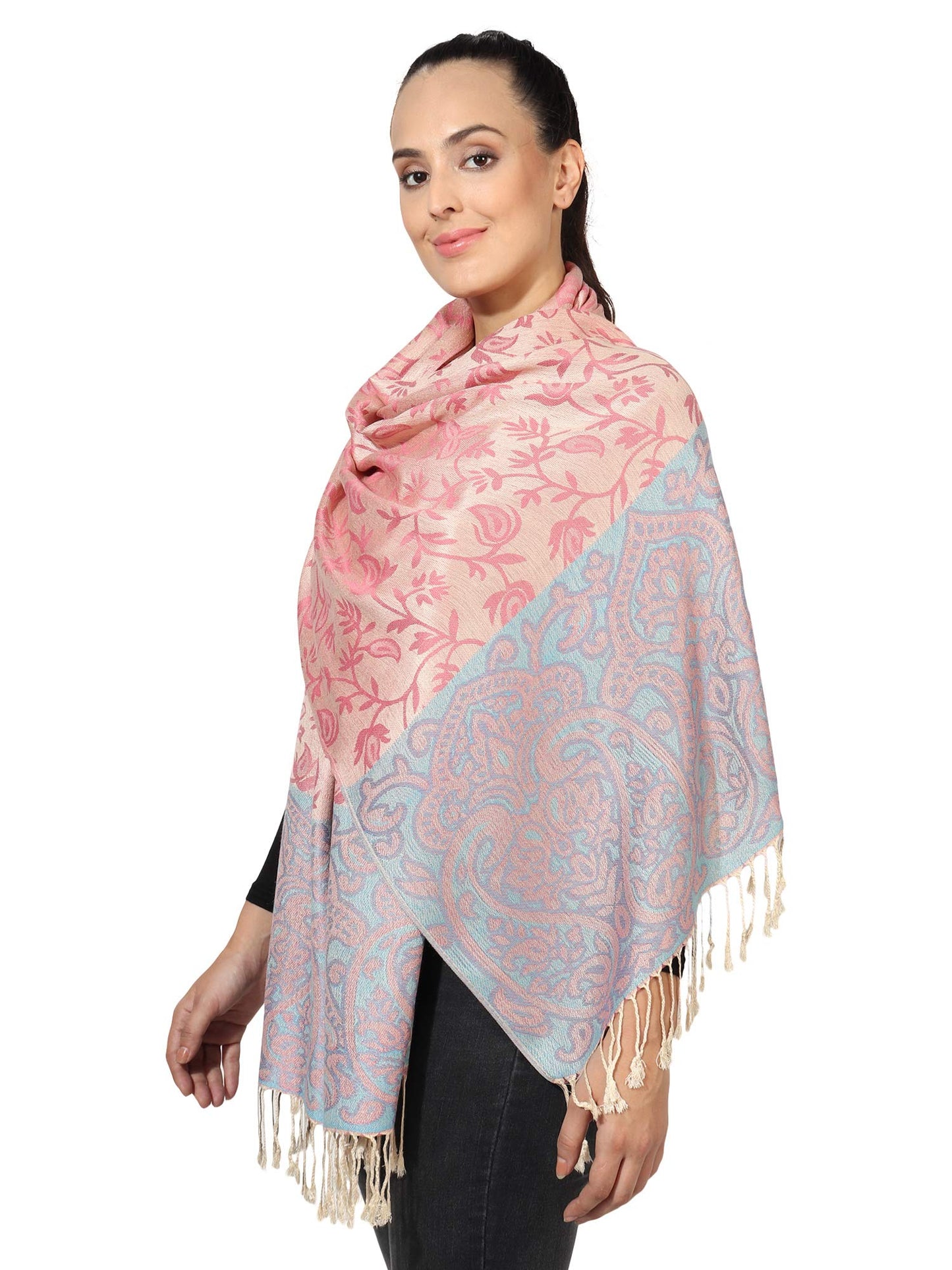 World of Shawls Ladies Floral Paisley Bordered Pashmina Feel Shawl Scarf Wrap Stole Luxuriously Warm Soft and Silky Touch