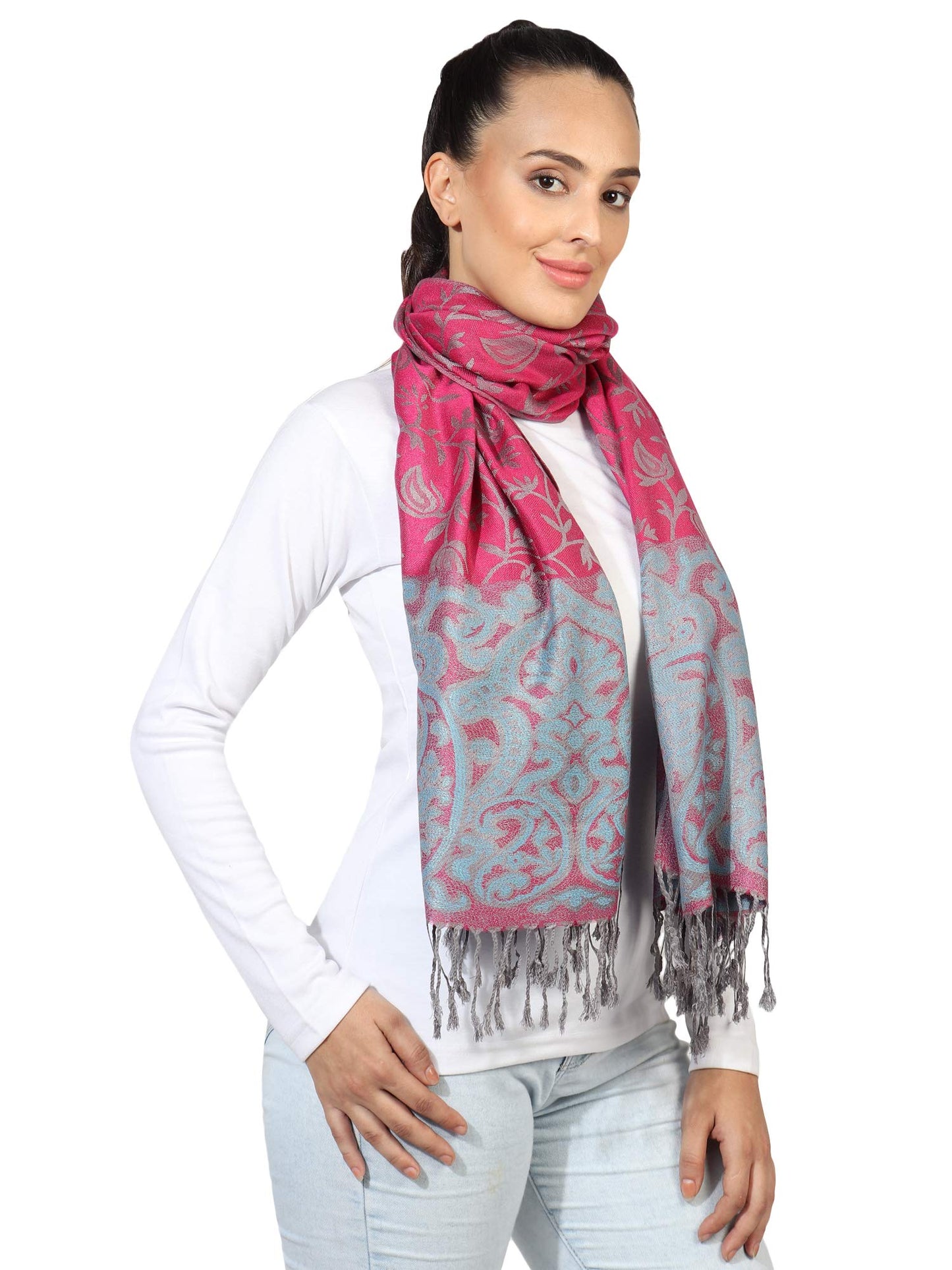 World of Shawls Ladies Floral Paisley Bordered Pashmina Feel Shawl Scarf Wrap Stole Luxuriously Warm Soft and Silky Touch