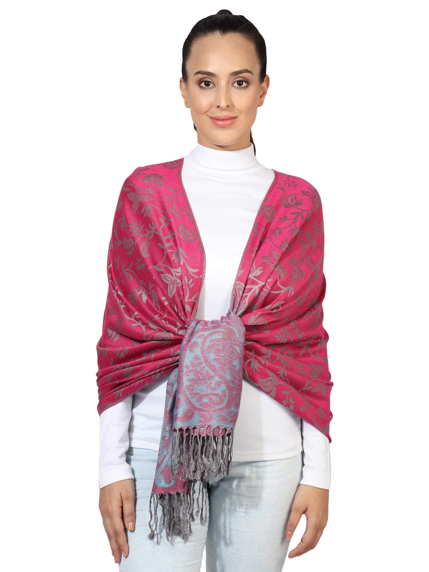 World of Shawls Ladies Floral Paisley Bordered Pashmina Feel Shawl Scarf Wrap Stole Luxuriously Warm Soft and Silky Touch