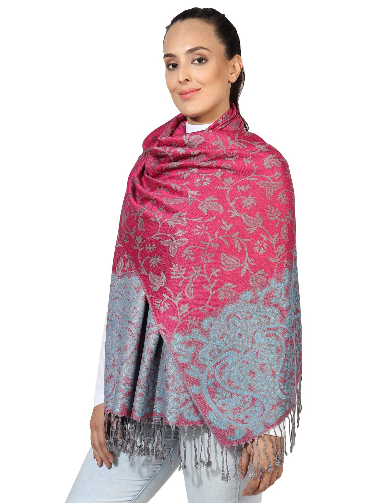 World of Shawls Ladies Floral Paisley Bordered Pashmina Feel Shawl Scarf Wrap Stole Luxuriously Warm Soft and Silky Touch