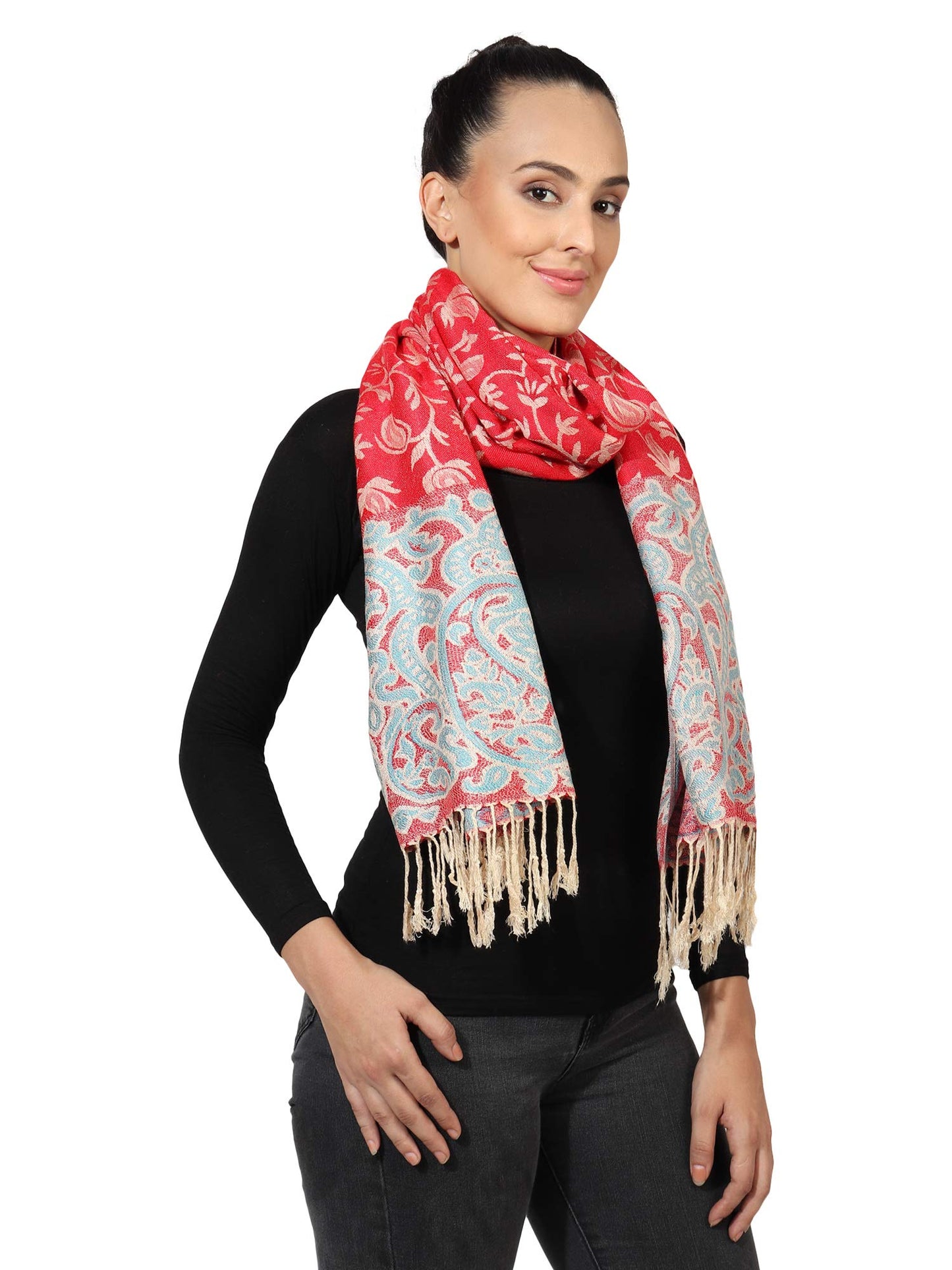 World of Shawls Ladies Floral Paisley Bordered Pashmina Feel Shawl Scarf Wrap Stole Luxuriously Warm Soft and Silky Touch