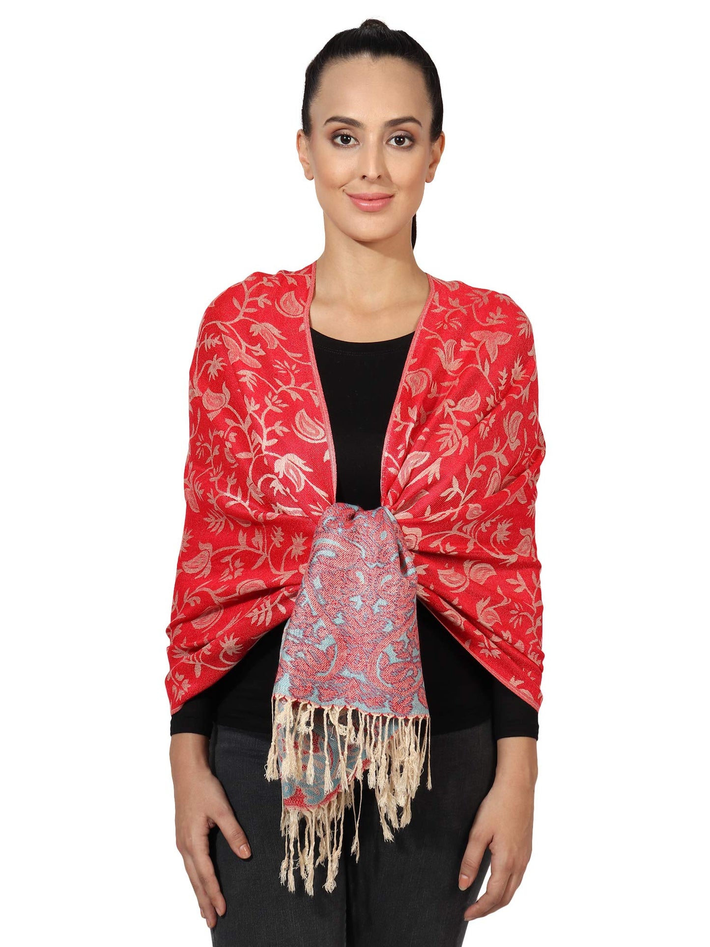 World of Shawls Ladies Floral Paisley Bordered Pashmina Feel Shawl Scarf Wrap Stole Luxuriously Warm Soft and Silky Touch