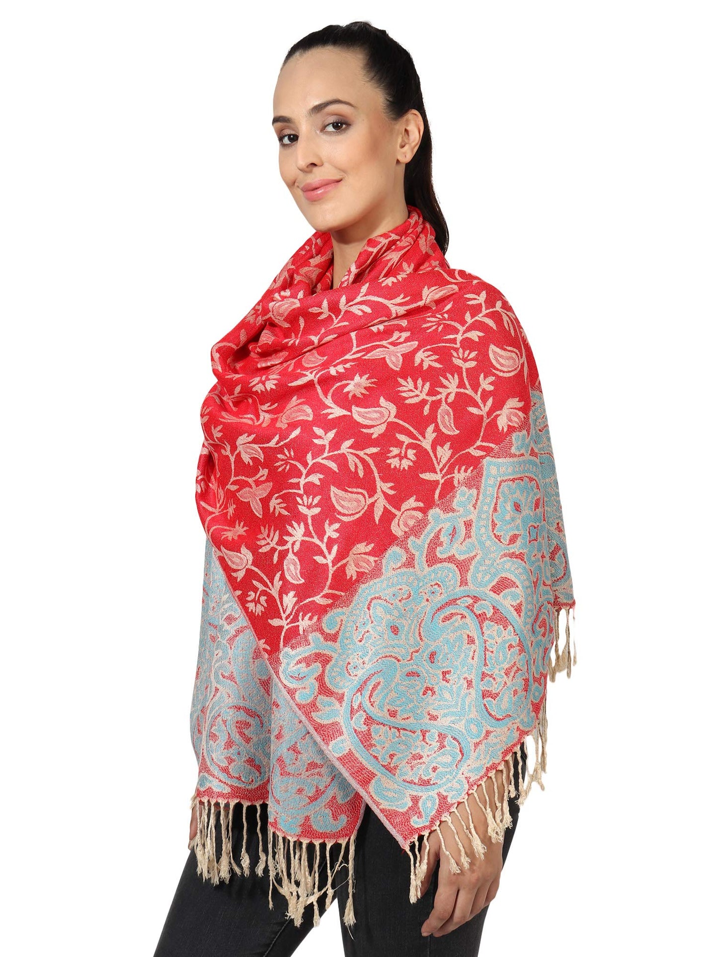 World of Shawls Ladies Floral Paisley Bordered Pashmina Feel Shawl Scarf Wrap Stole Luxuriously Warm Soft and Silky Touch