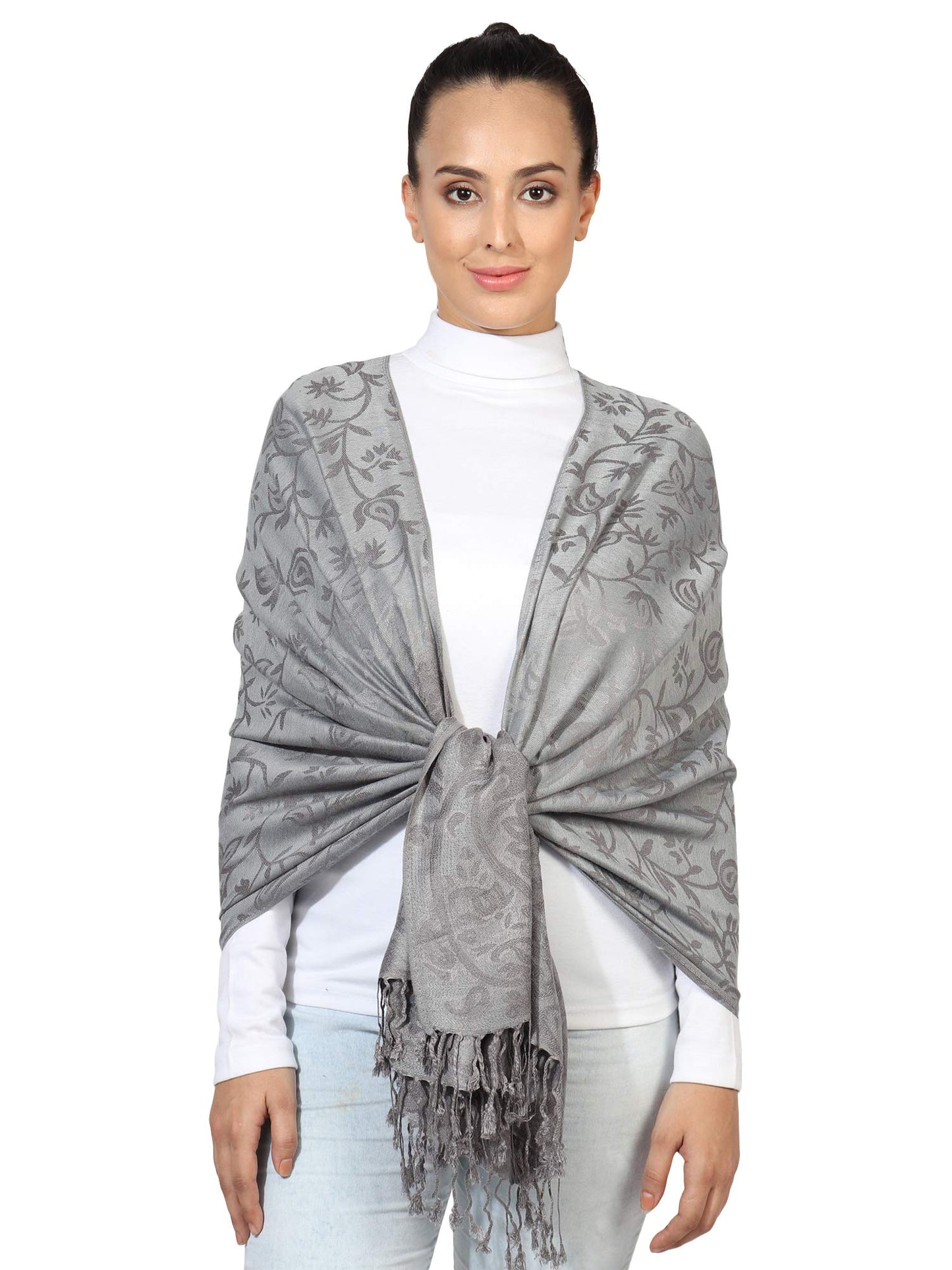 World of Shawls Ladies Floral Paisley Bordered Pashmina Feel Shawl Scarf Wrap Stole Luxuriously Warm Soft and Silky Touch