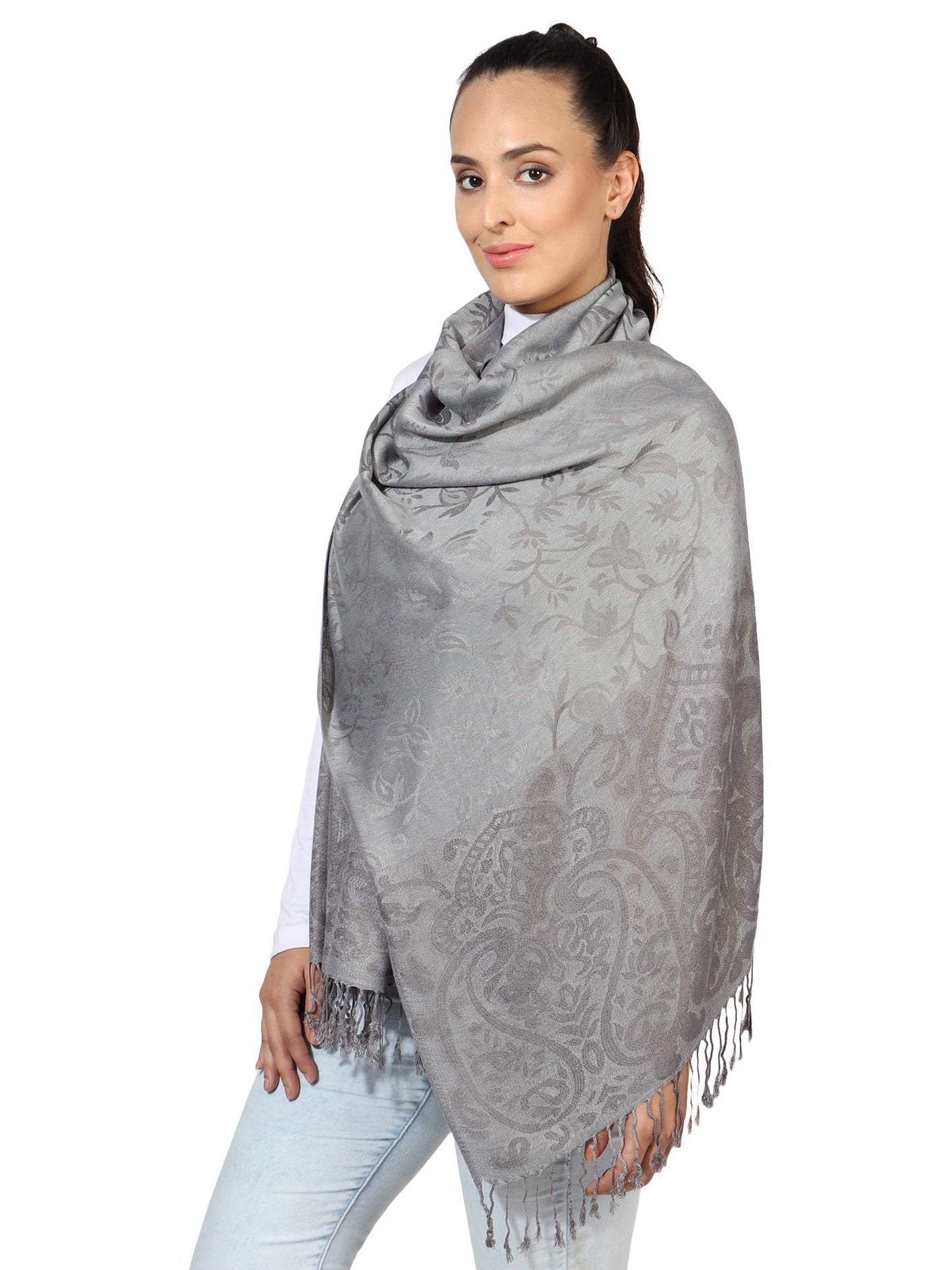 World of Shawls Ladies Floral Paisley Bordered Pashmina Feel Shawl Scarf Wrap Stole Luxuriously Warm Soft and Silky Touch