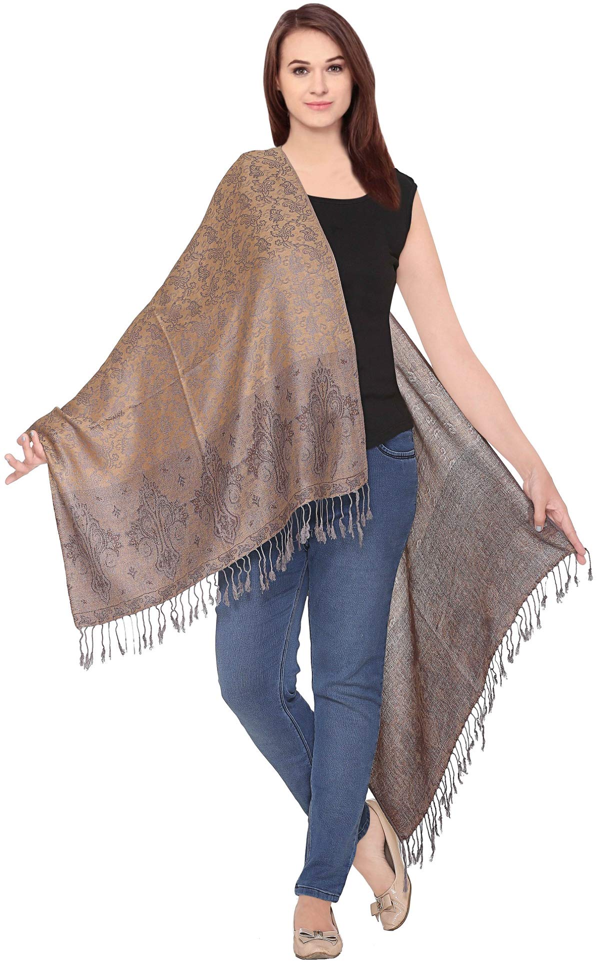 World of Shawls Ladies Floral Paisley Bordered Pashmina Feel Shawl Scarf Wrap Stole Luxuriously Warm Soft and Silky Touch