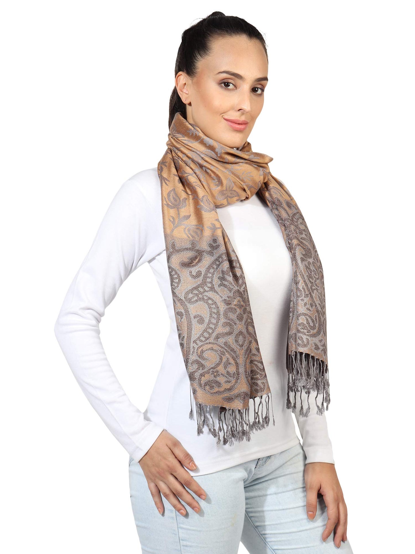 World of Shawls Ladies Floral Paisley Bordered Pashmina Feel Shawl Scarf Wrap Stole Luxuriously Warm Soft and Silky Touch