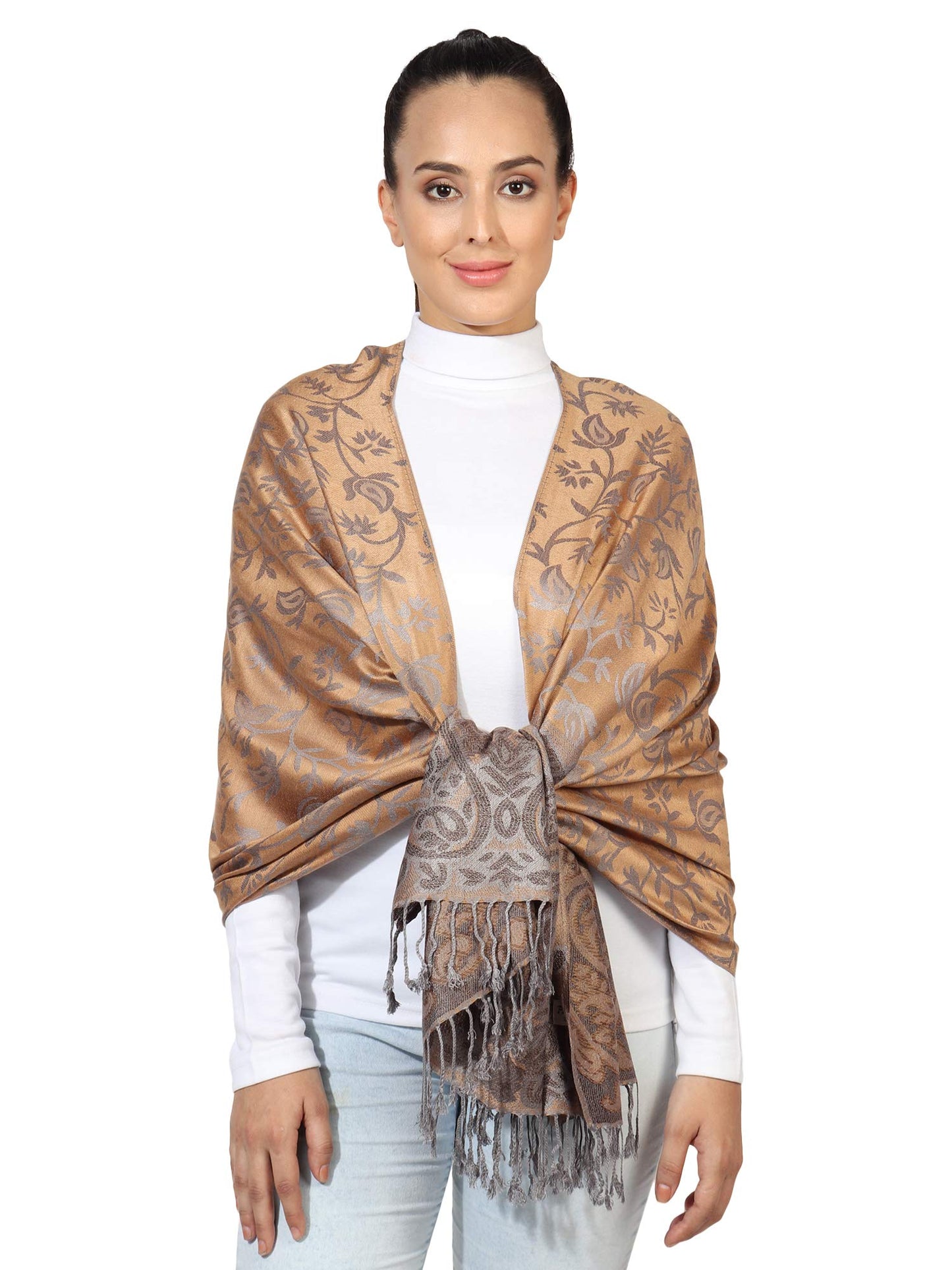World of Shawls Ladies Floral Paisley Bordered Pashmina Feel Shawl Scarf Wrap Stole Luxuriously Warm Soft and Silky Touch