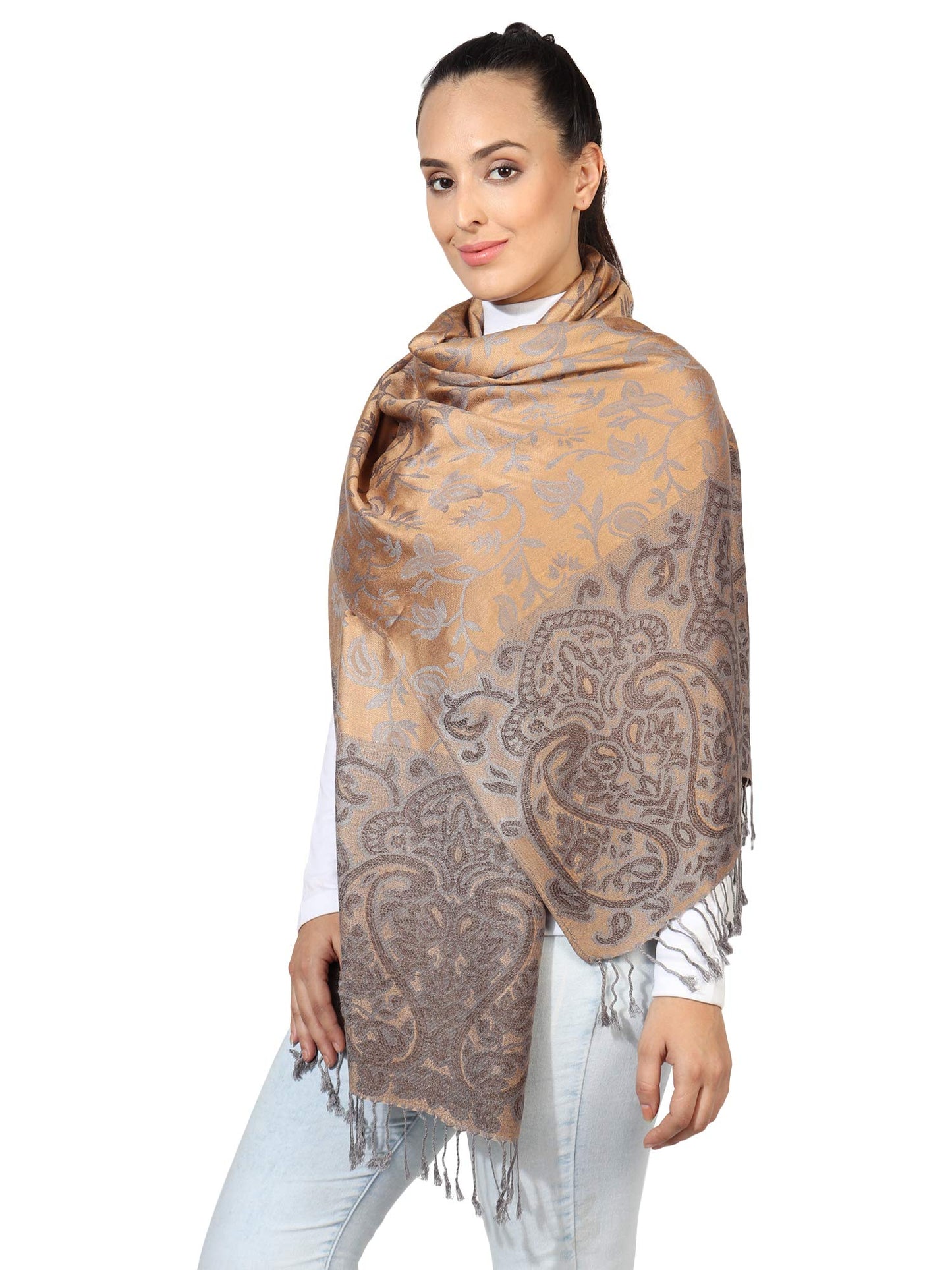World of Shawls Ladies Floral Paisley Bordered Pashmina Feel Shawl Scarf Wrap Stole Luxuriously Warm Soft and Silky Touch