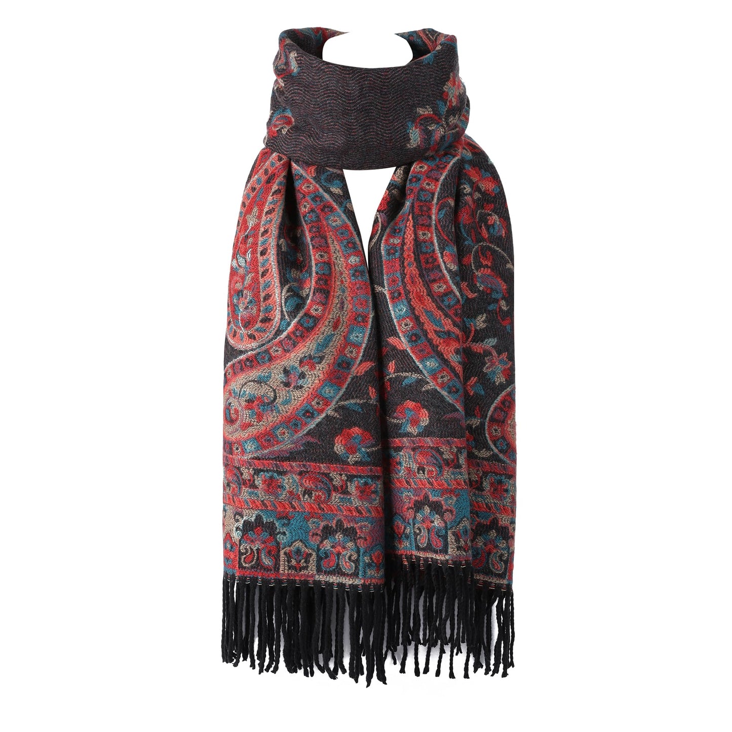 World of Shawls Ladies Floral Paisley Bordered Pashmina Feel Shawl Scarf Wrap Stole Luxuriously Warm Soft and Silky Touch