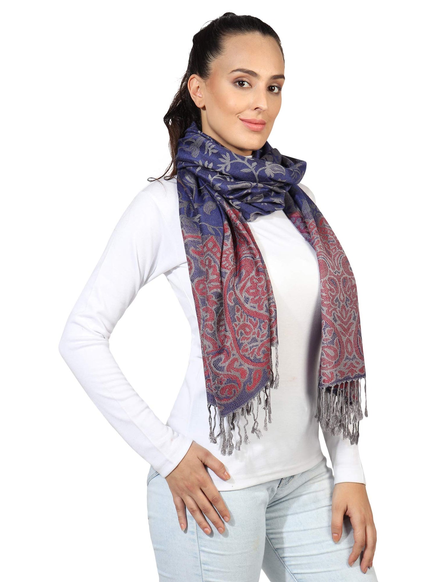 World of Shawls Ladies Floral Paisley Bordered Pashmina Feel Shawl Scarf Wrap Stole Luxuriously Warm Soft and Silky Touch