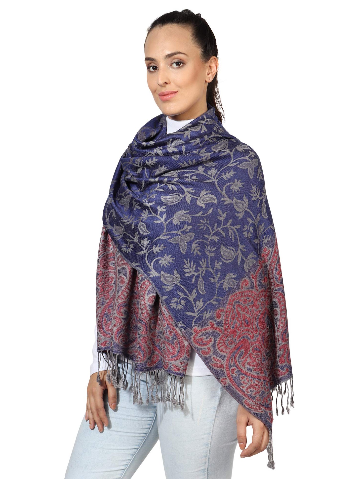 World of Shawls Ladies Floral Paisley Bordered Pashmina Feel Shawl Scarf Wrap Stole Luxuriously Warm Soft and Silky Touch