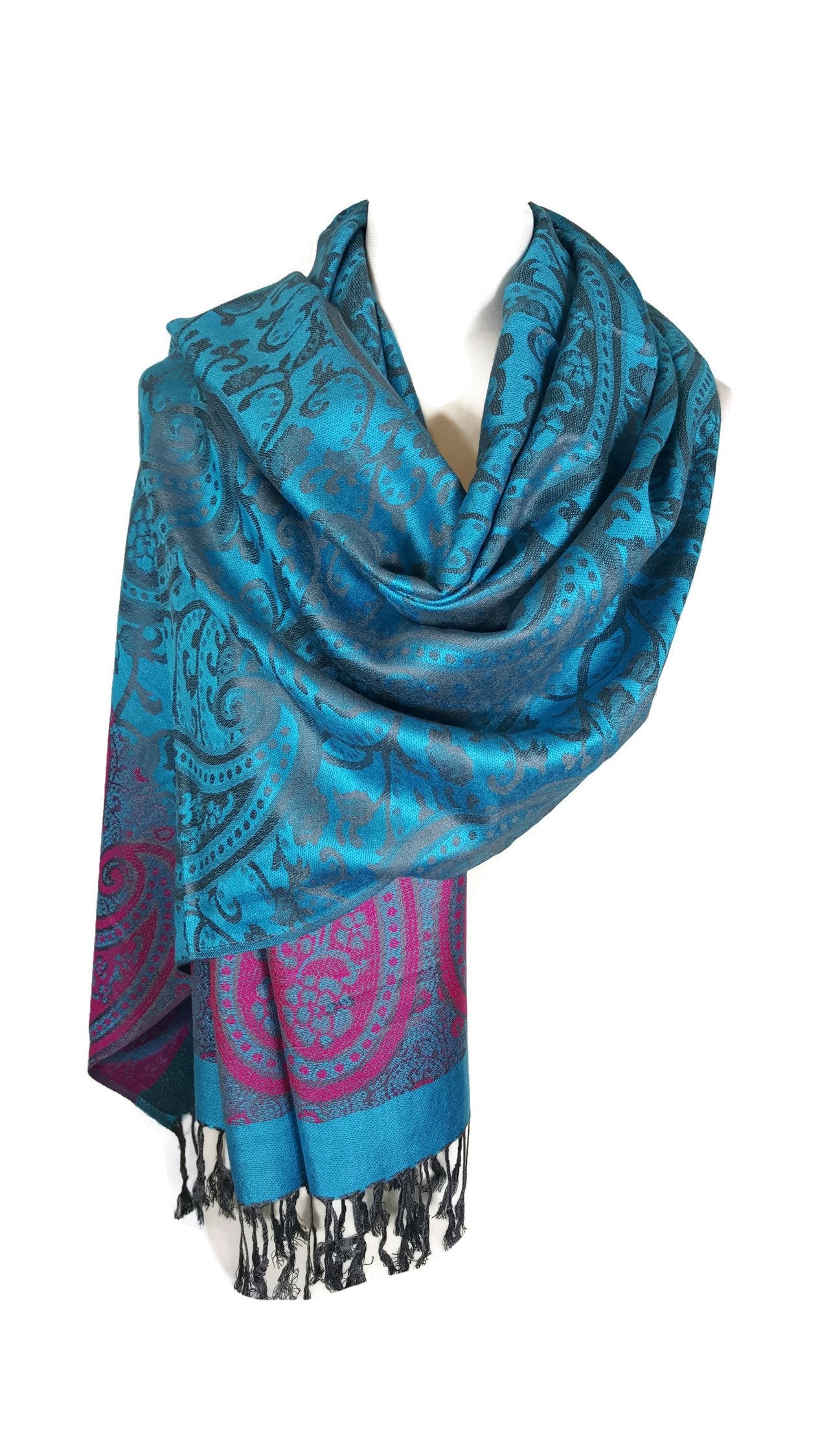 World of Shawls Ladies Floral Paisley Bordered Pashmina Feel Shawl Scarf Wrap Stole Luxuriously Warm Soft and Silky Touch