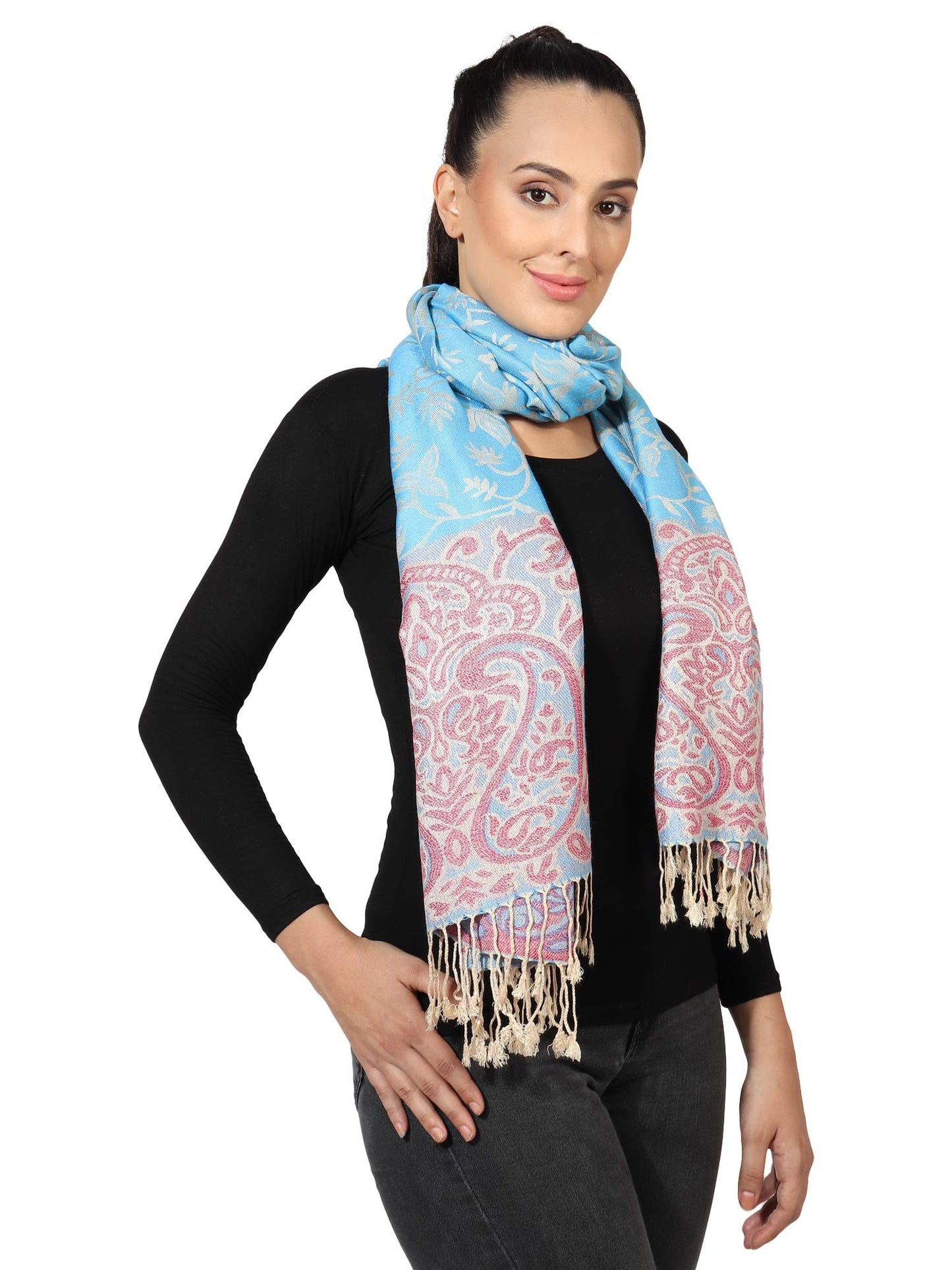World of Shawls Ladies Floral Paisley Bordered Pashmina Feel Shawl Scarf Wrap Stole Luxuriously Warm Soft and Silky Touch