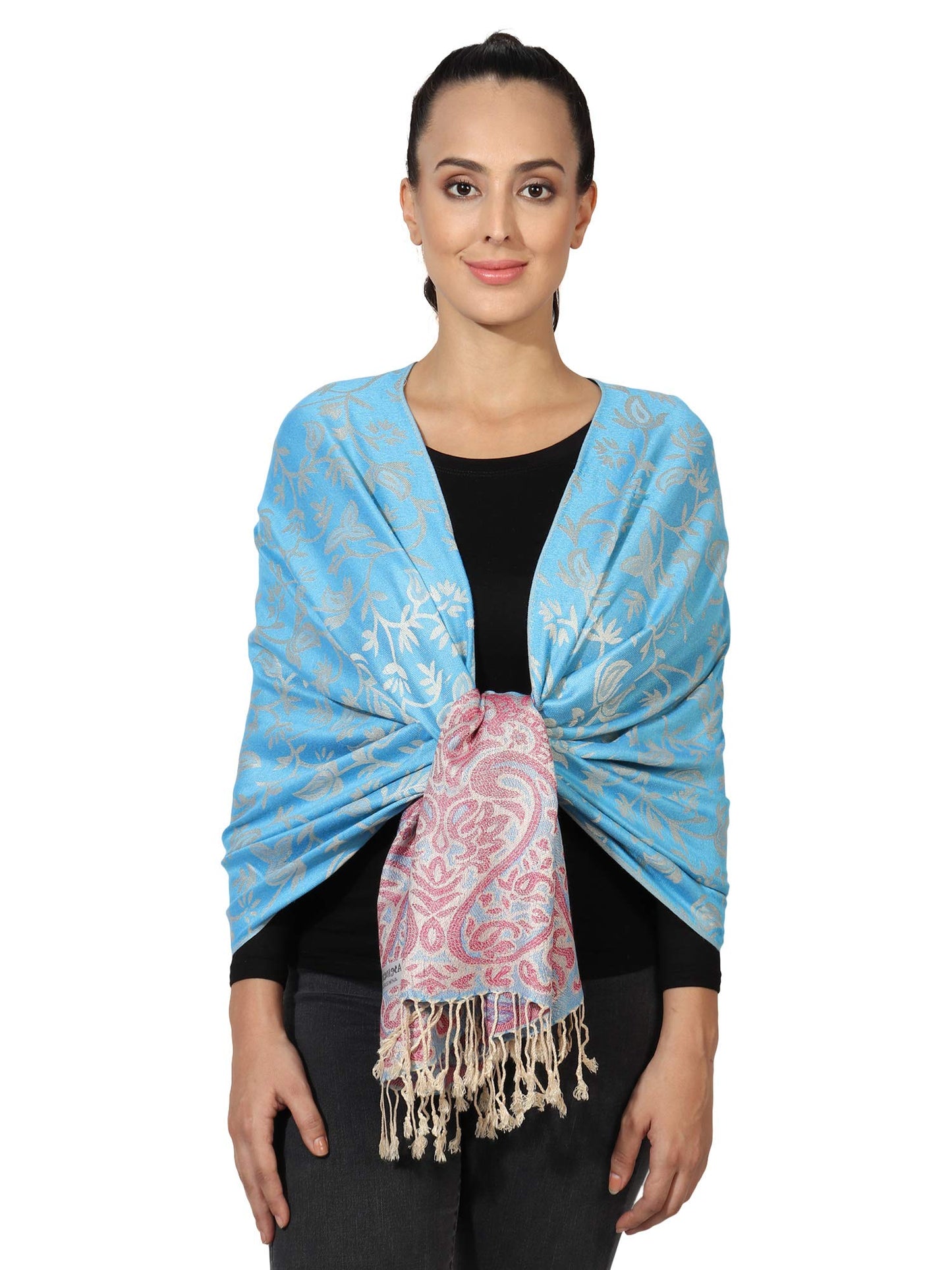 World of Shawls Ladies Floral Paisley Bordered Pashmina Feel Shawl Scarf Wrap Stole Luxuriously Warm Soft and Silky Touch
