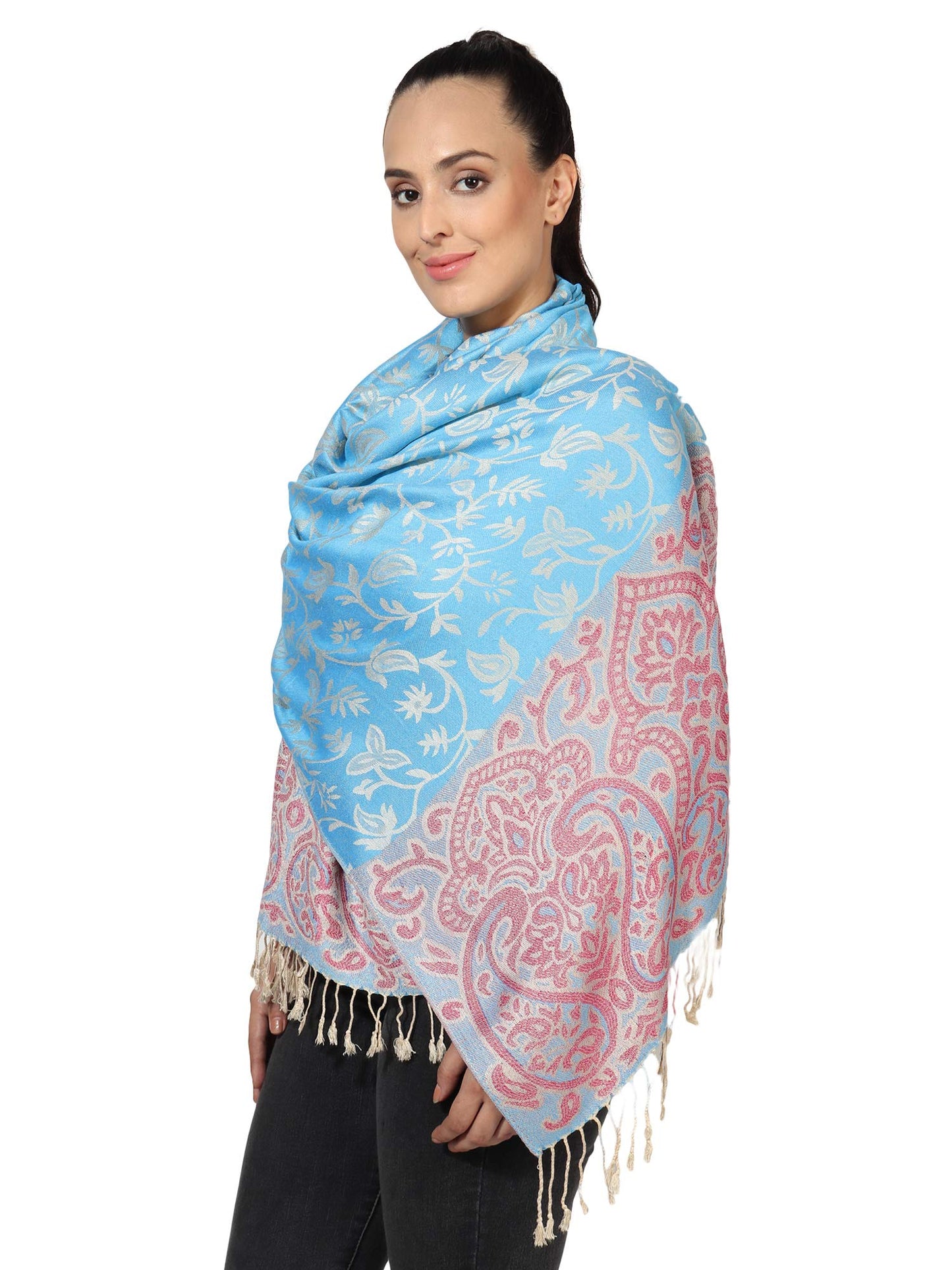 World of Shawls Ladies Floral Paisley Bordered Pashmina Feel Shawl Scarf Wrap Stole Luxuriously Warm Soft and Silky Touch