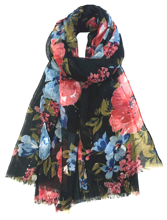 World of Shawls Eye-Catching Floral Scarf for Women Ladies with Delicate Sequin Insets