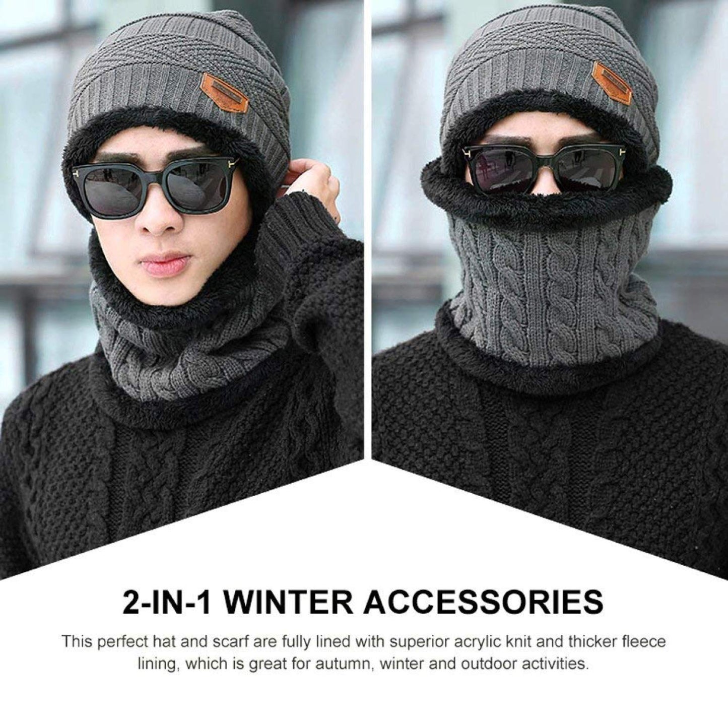 World of Shawls Unisex Men Women Knitted Fleece Beanie Hat and Loop Circle Scarf Snood Set Warm Soft and Comfortable
