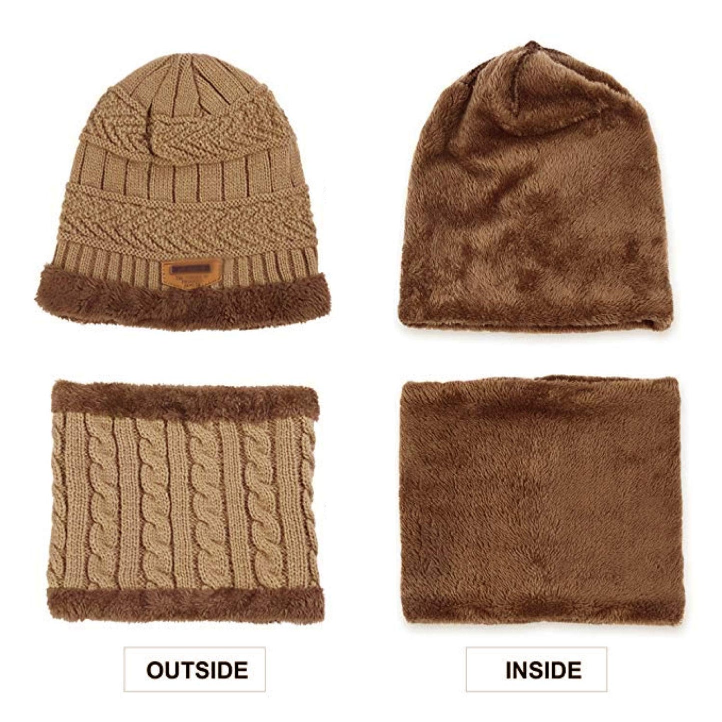World of Shawls Unisex Men Women Knitted Fleece Beanie Hat and Loop Circle Scarf Snood Set Warm Soft and Comfortable