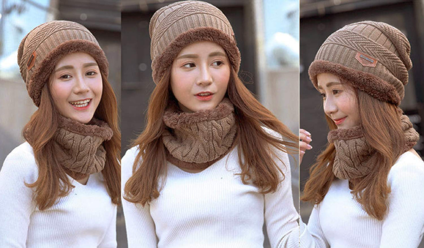 World of Shawls Unisex Men Women Knitted Fleece Beanie Hat and Loop Circle Scarf Snood Set Warm Soft and Comfortable