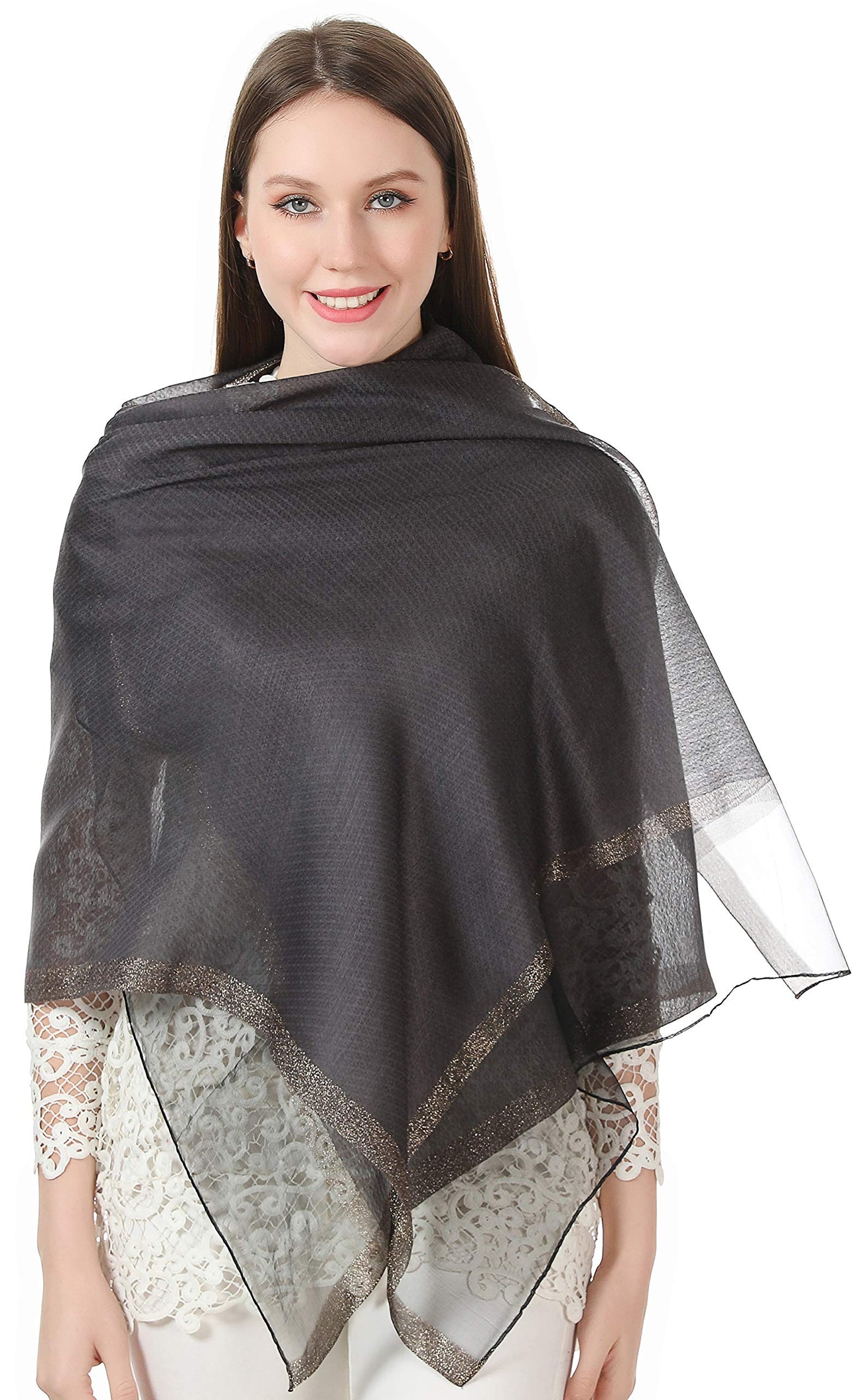 World of Shawls Sheer Double Texture and Two Tone with Gold Shimmer Border Scarf Wrap Stole Occasion Party Prom Wedding Event