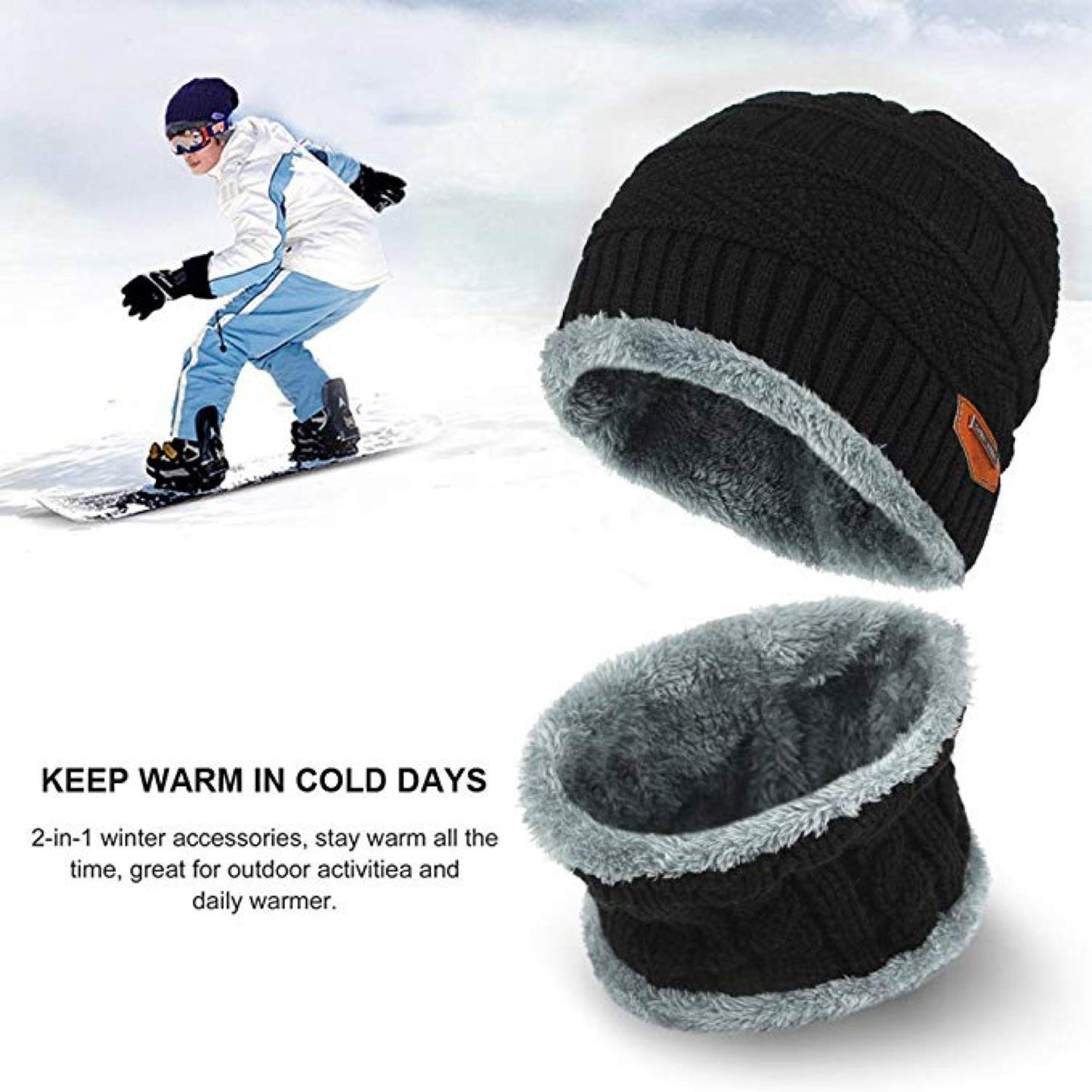 World of Shawls Unisex Men Women Knitted Fleece Beanie Hat and Loop Circle Scarf Snood Set Warm Soft and Comfortable