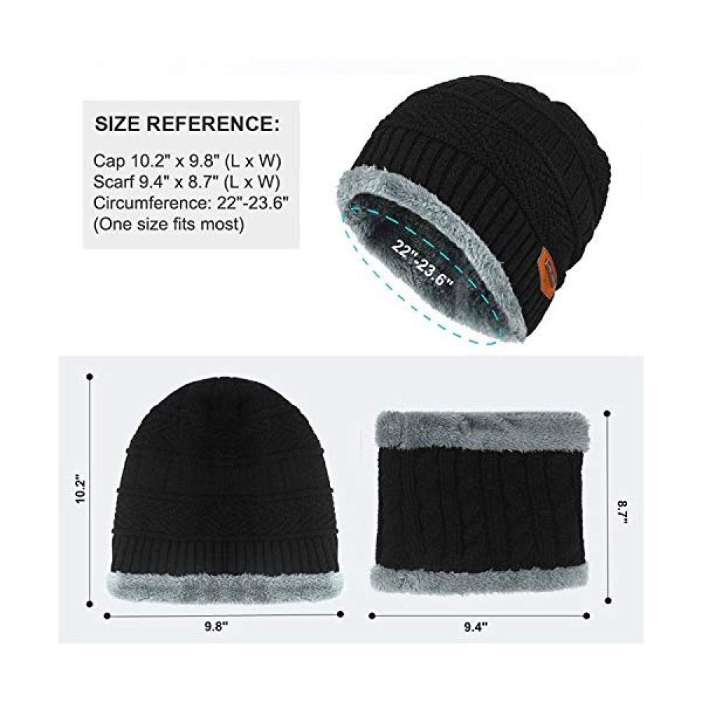 World of Shawls Unisex Men Women Knitted Fleece Beanie Hat and Loop Circle Scarf Snood Set Warm Soft and Comfortable