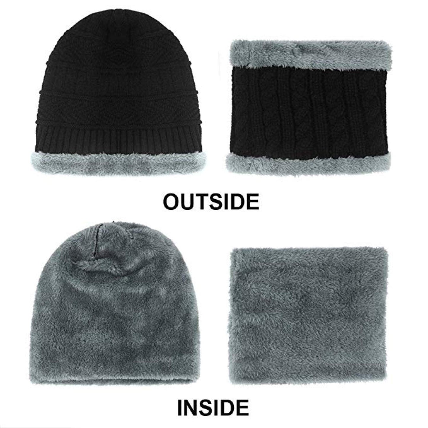 World of Shawls Unisex Men Women Knitted Fleece Beanie Hat and Loop Circle Scarf Snood Set Warm Soft and Comfortable