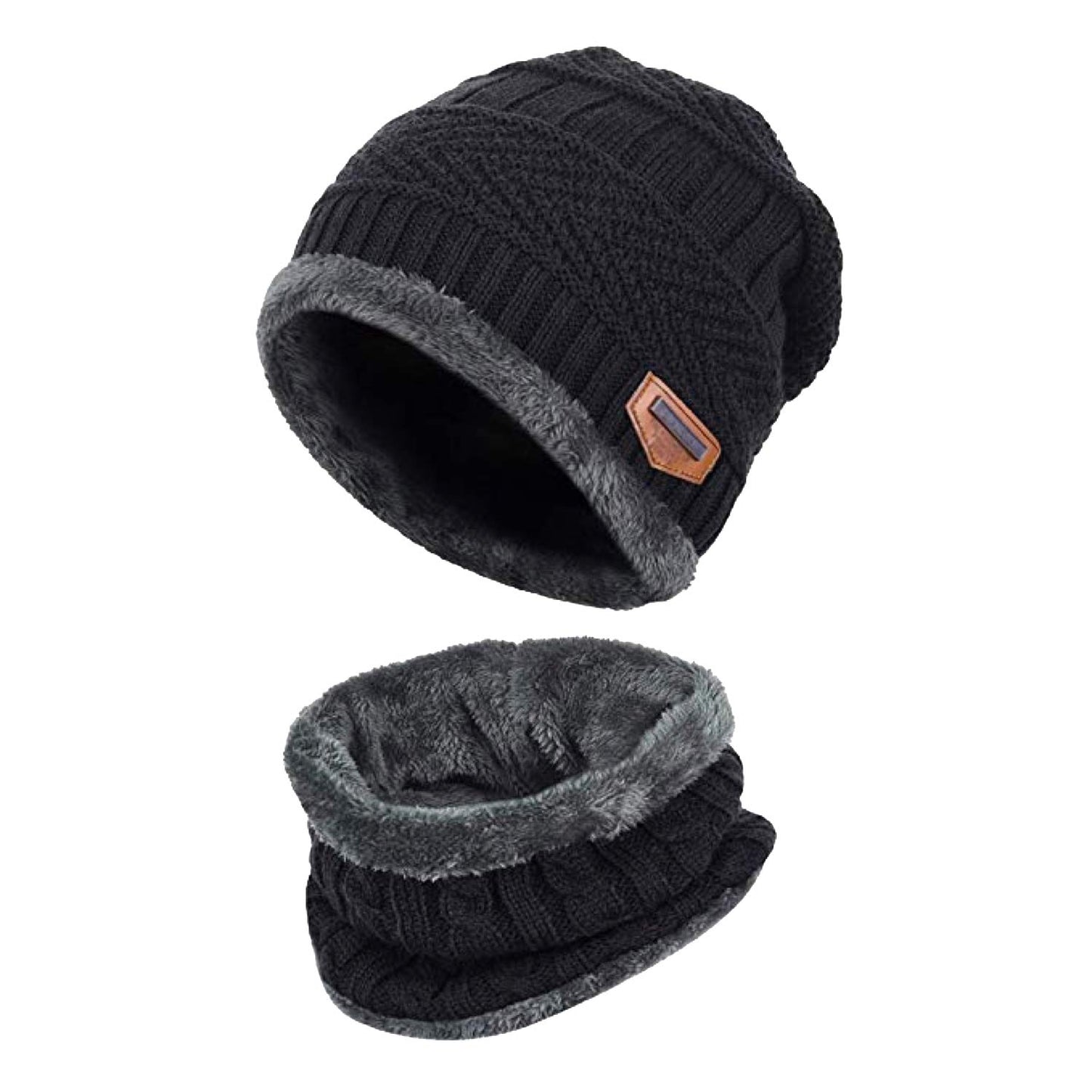 World of Shawls Unisex Men Women Knitted Fleece Beanie Hat and Loop Circle Scarf Snood Set Warm Soft and Comfortable