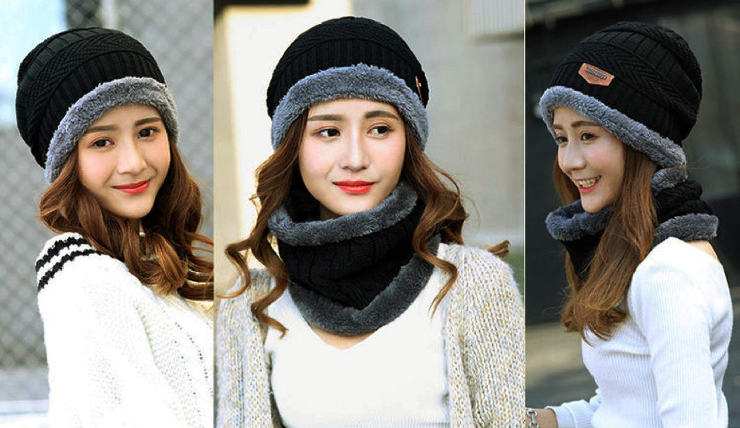 World of Shawls Unisex Men Women Knitted Fleece Beanie Hat and Loop Circle Scarf Snood Set Warm Soft and Comfortable