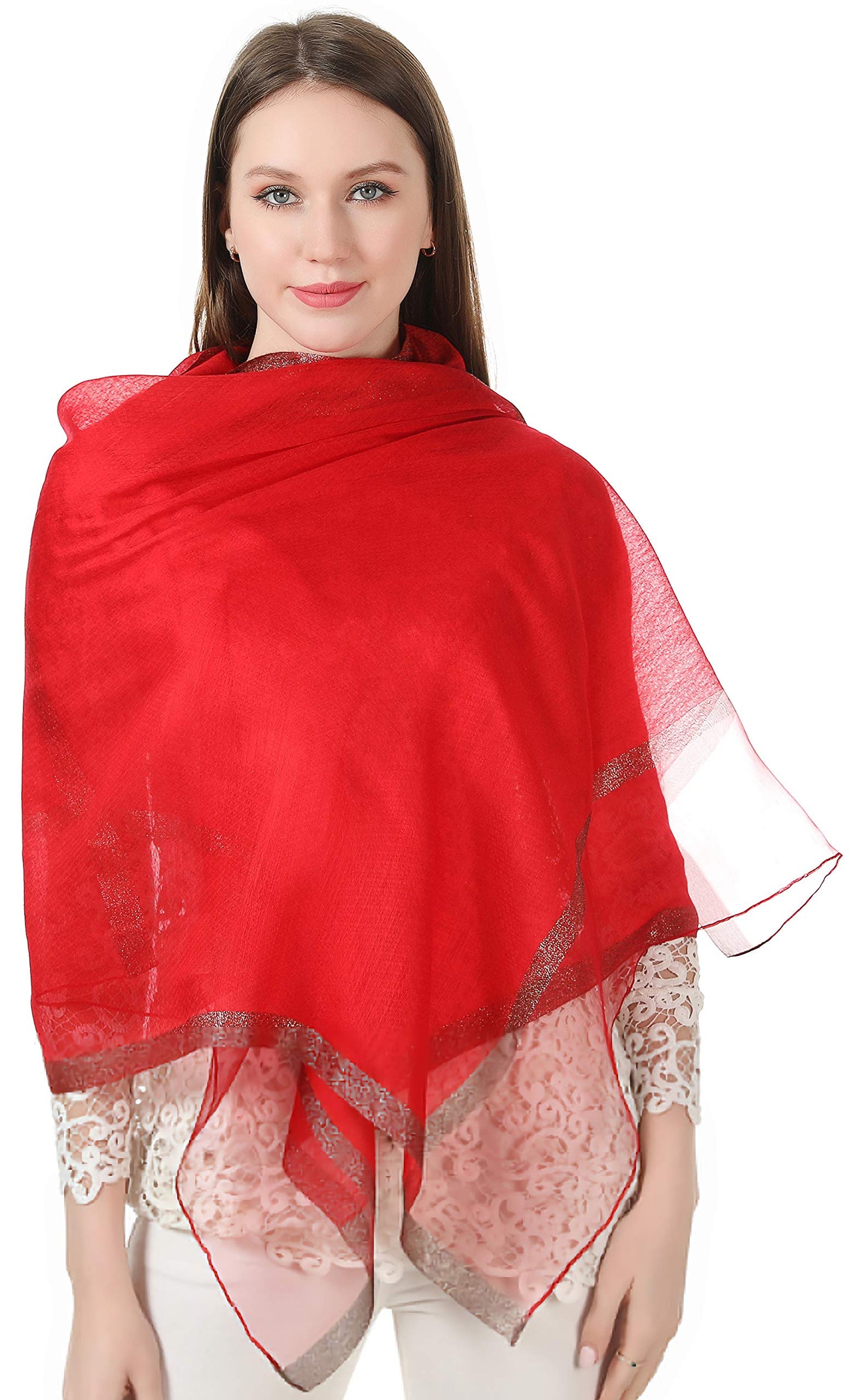 World of Shawls Sheer Double Texture and Two Tone with Gold Shimmer Border Scarf Wrap Stole Occasion Party Prom Wedding Event