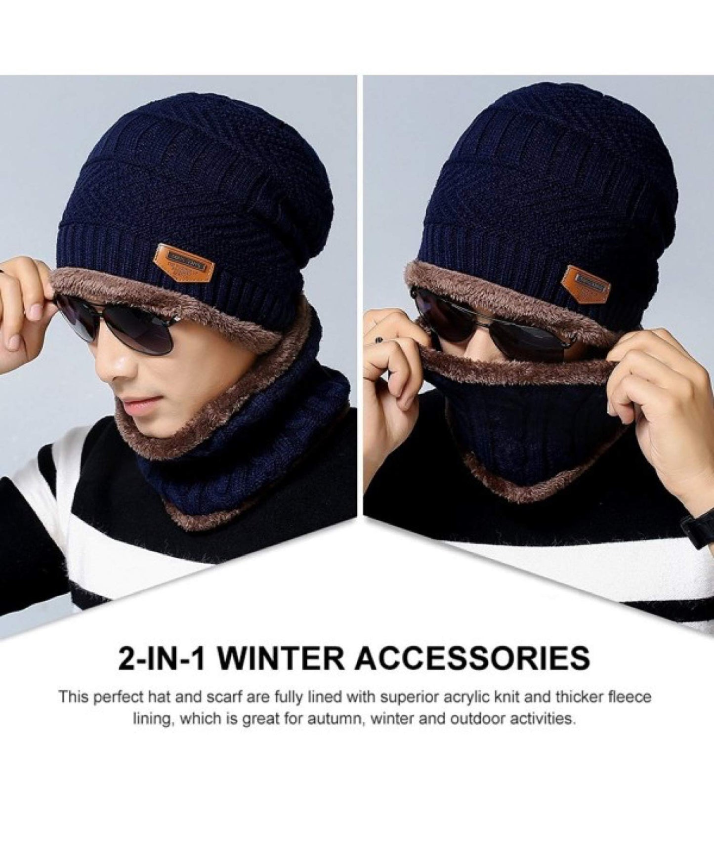 World of Shawls Unisex Men Women Knitted Fleece Beanie Hat and Loop Circle Scarf Snood Set Warm Soft and Comfortable