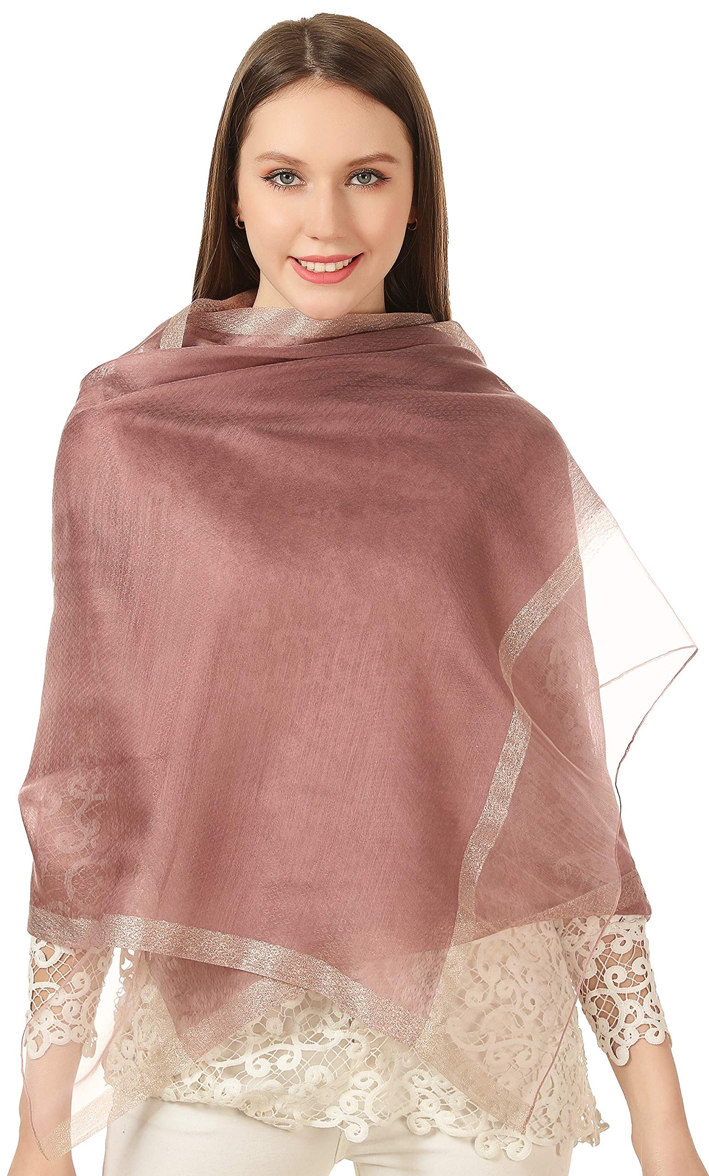 World of Shawls Sheer Double Texture and Two Tone with Gold Shimmer Border Scarf Wrap Stole Occasion Party Prom Wedding Event