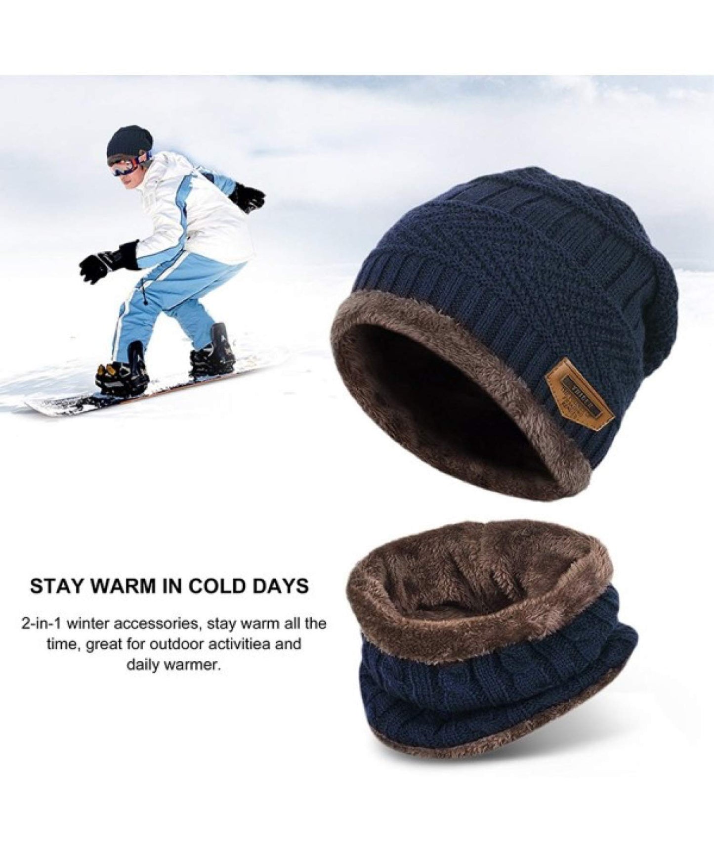 World of Shawls Unisex Men Women Knitted Fleece Beanie Hat and Loop Circle Scarf Snood Set Warm Soft and Comfortable