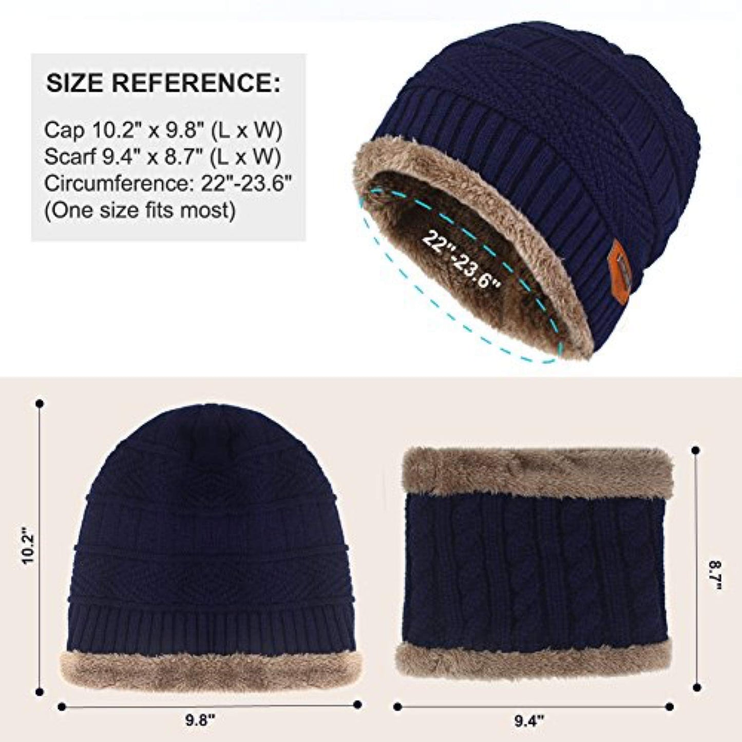 World of Shawls Unisex Men Women Knitted Fleece Beanie Hat and Loop Circle Scarf Snood Set Warm Soft and Comfortable