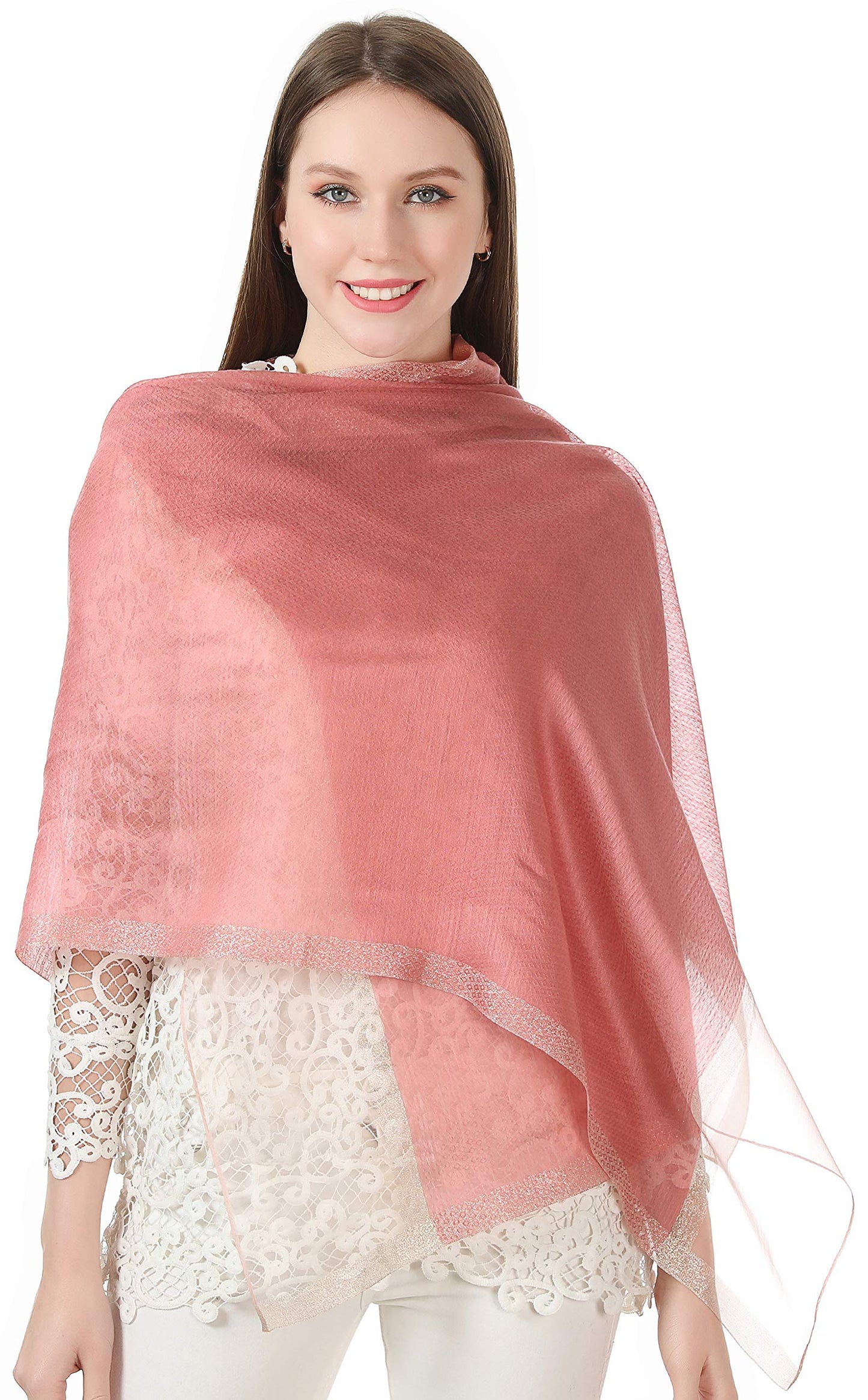 World of Shawls Sheer Double Texture and Two Tone with Gold Shimmer Border Scarf Wrap Stole Occasion Party Prom Wedding Event